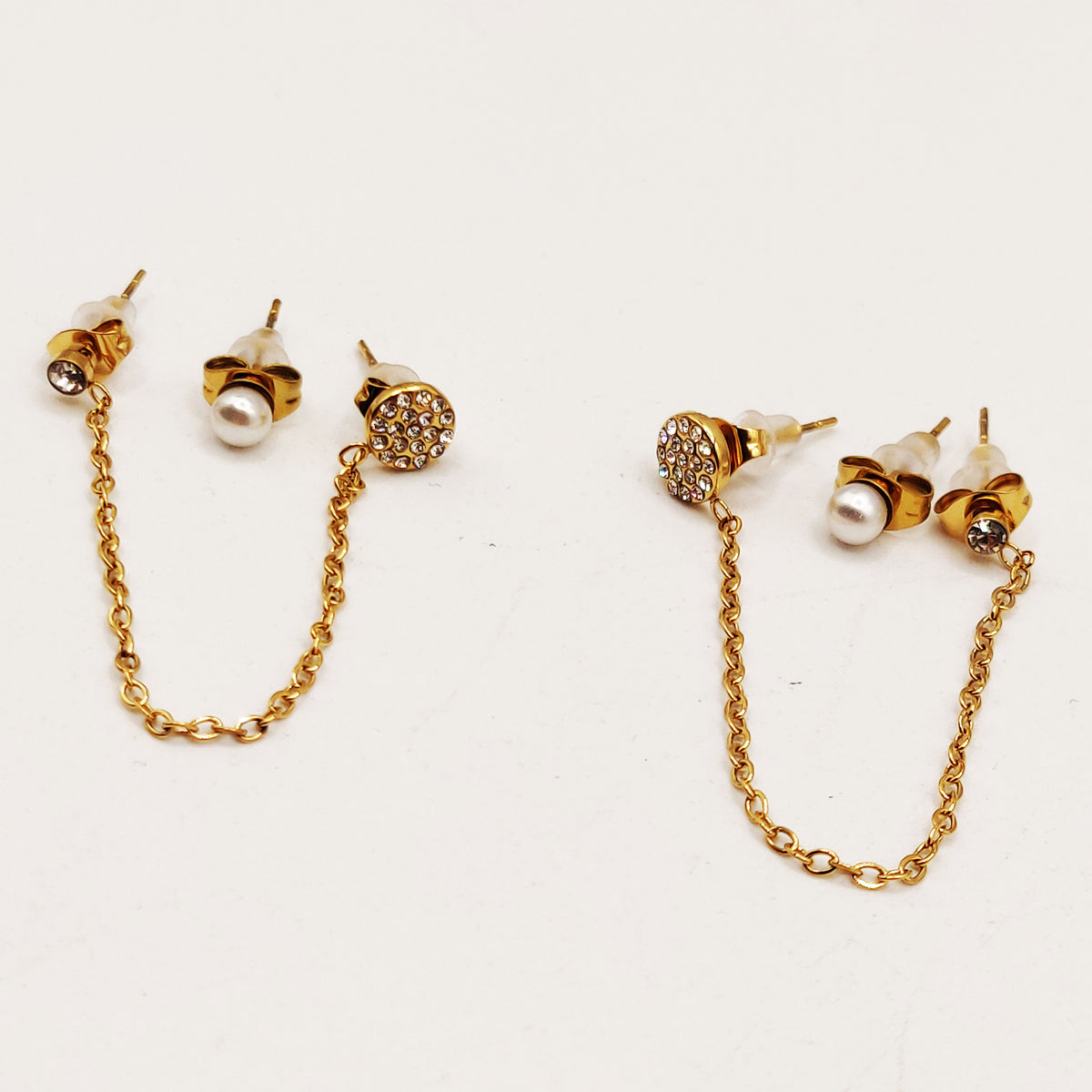 Boucles d'oreilles 3 Trous Cristaux Ronds et Perles d'imitation Blanches