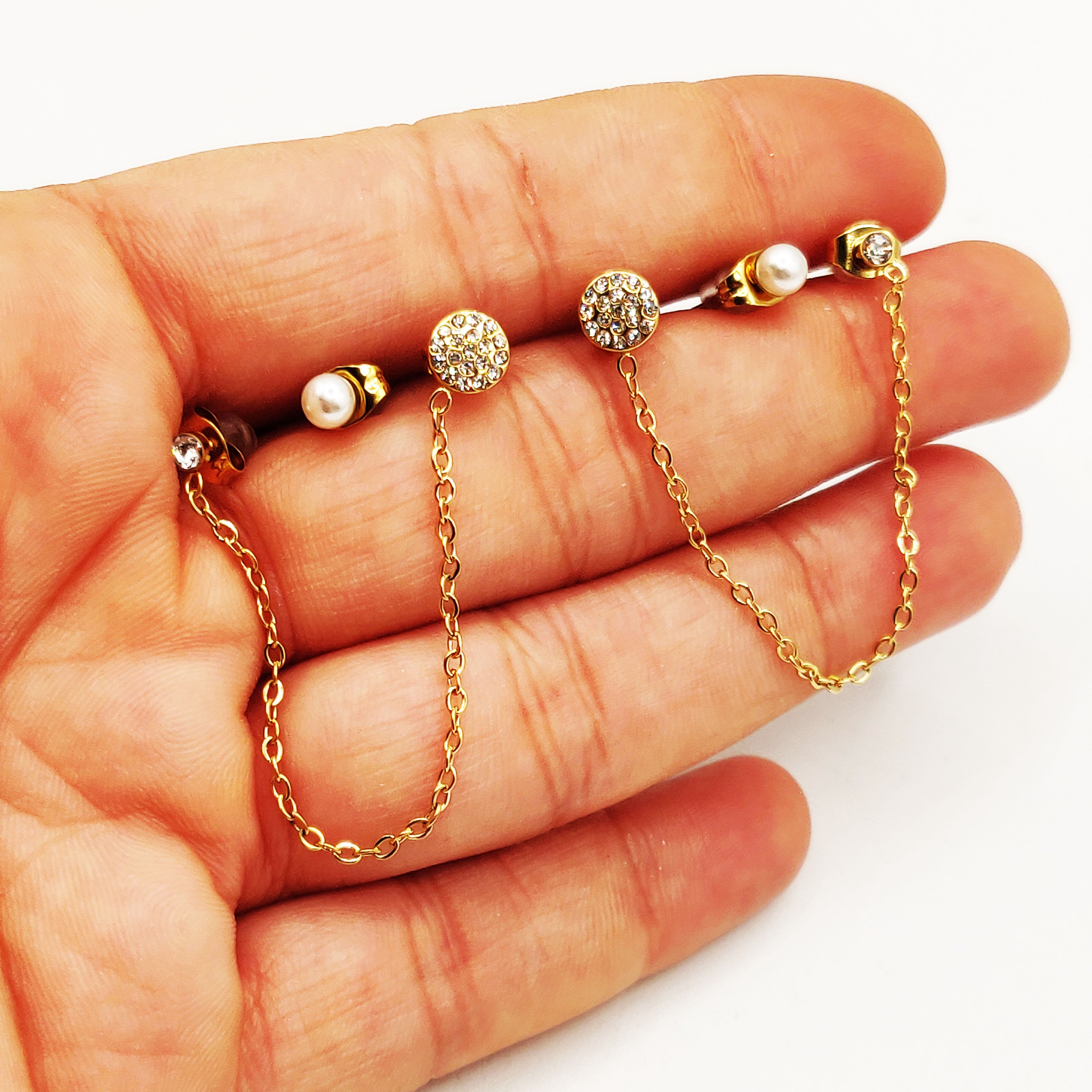 Boucles d'oreilles 3 Trous Cristaux Ronds et Perles d'imitation Blanches