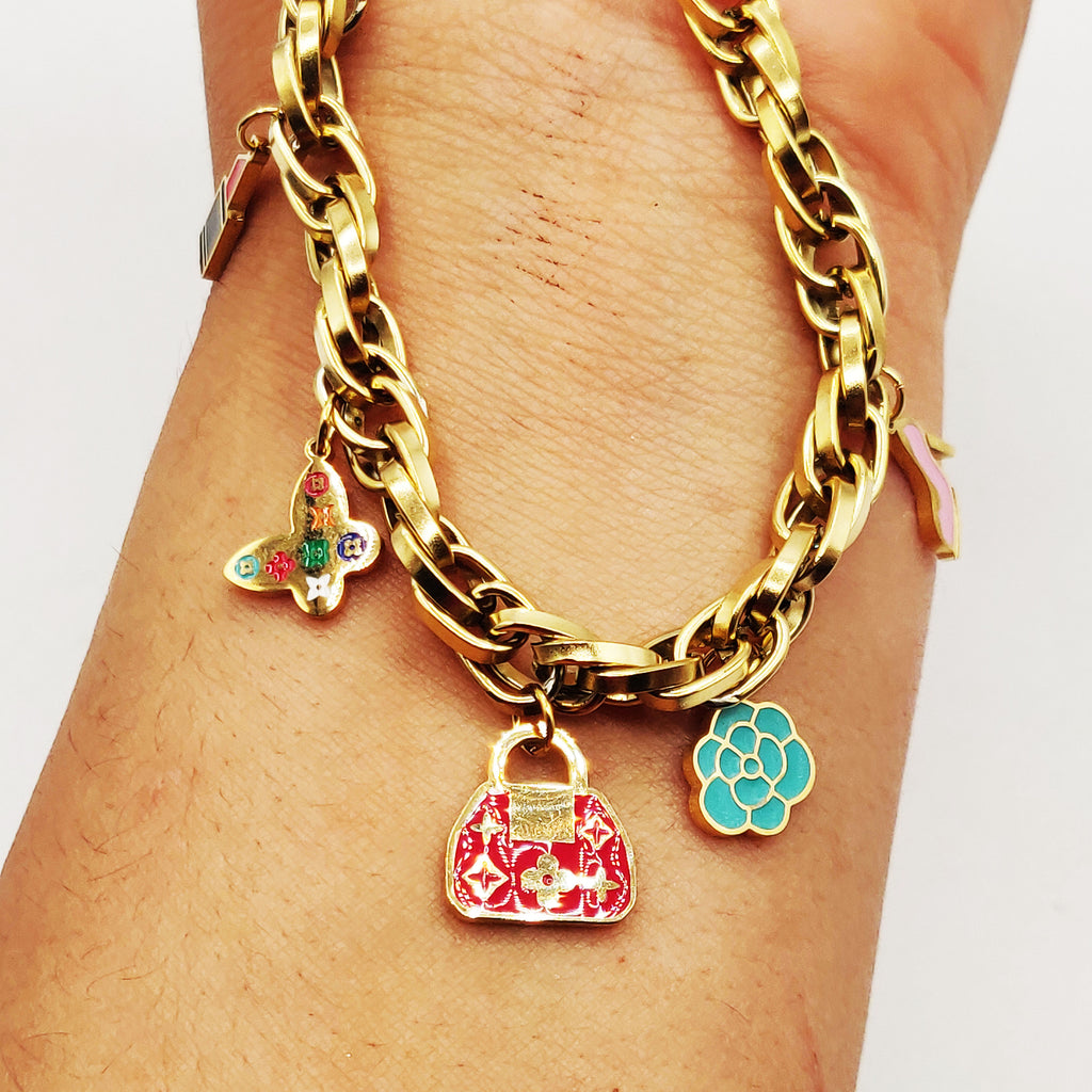 Bracelet Chaîne Pendentifs Trèfles et Étoiles Luxe