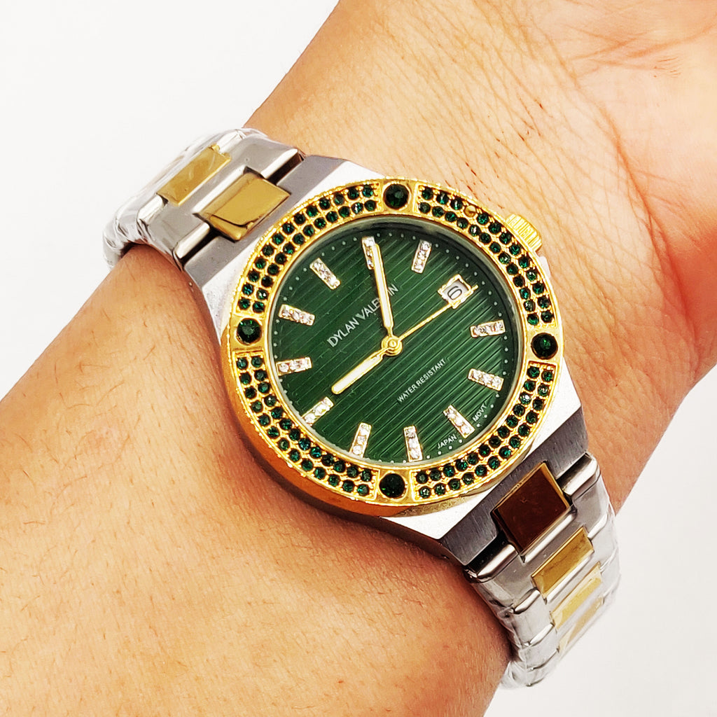 Montre Dylan Valentin DV6517 Font Vert Bracelet Argenté et Doré