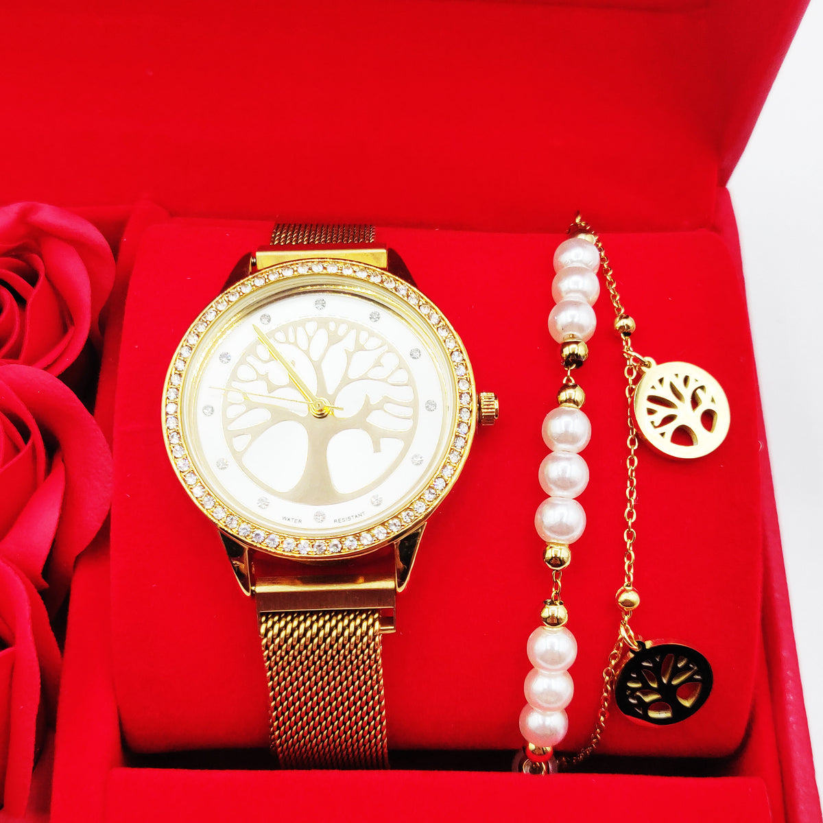 Coffret Cadeau Montre Giorgio & Dario EU5147 Fond Blanc Eden avec Bracelet Double Eden et Roses Rouges