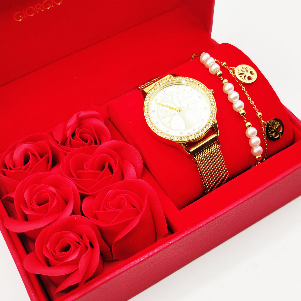Coffret Cadeau Montre Giorgio & Dario EU5147 Fond Blanc Eden avec Bracelet Double Eden et Roses Rouges