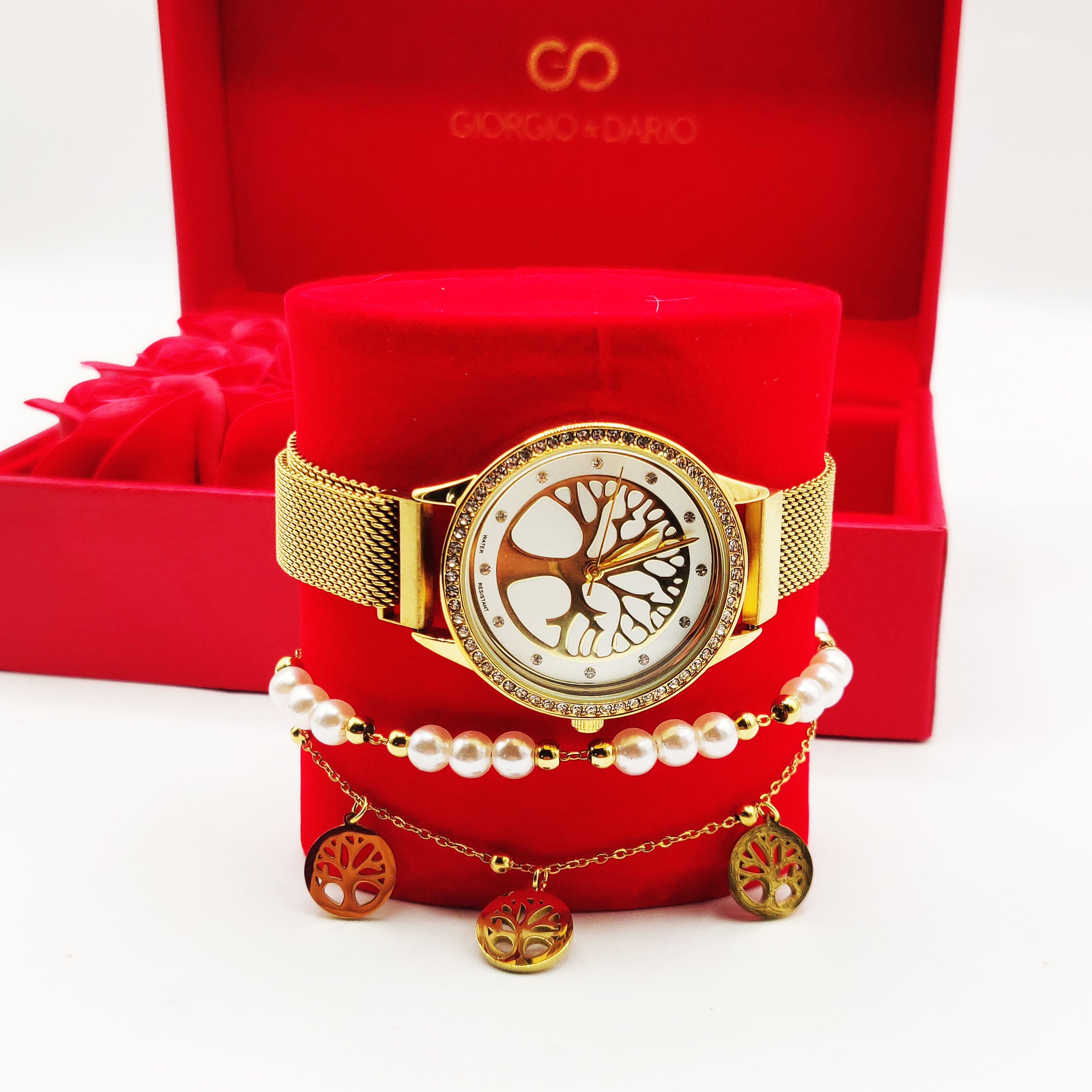 Coffret Cadeau Montre Giorgio & Dario EU5147 Fond Blanc Eden avec Bracelet Double Eden et Roses Rouges