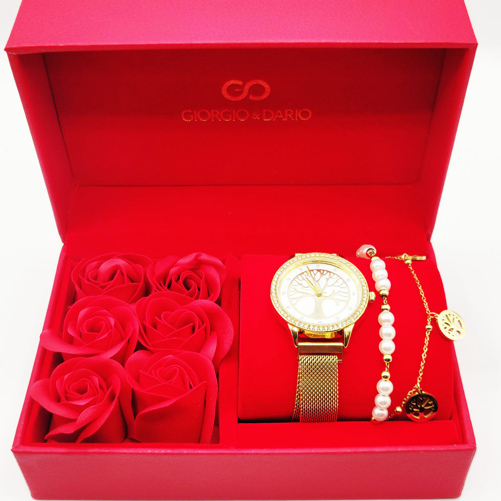 Coffret Cadeau Montre Giorgio & Dario EU5147 Fond Blanc Eden avec Bracelet Double Eden et Roses Rouges