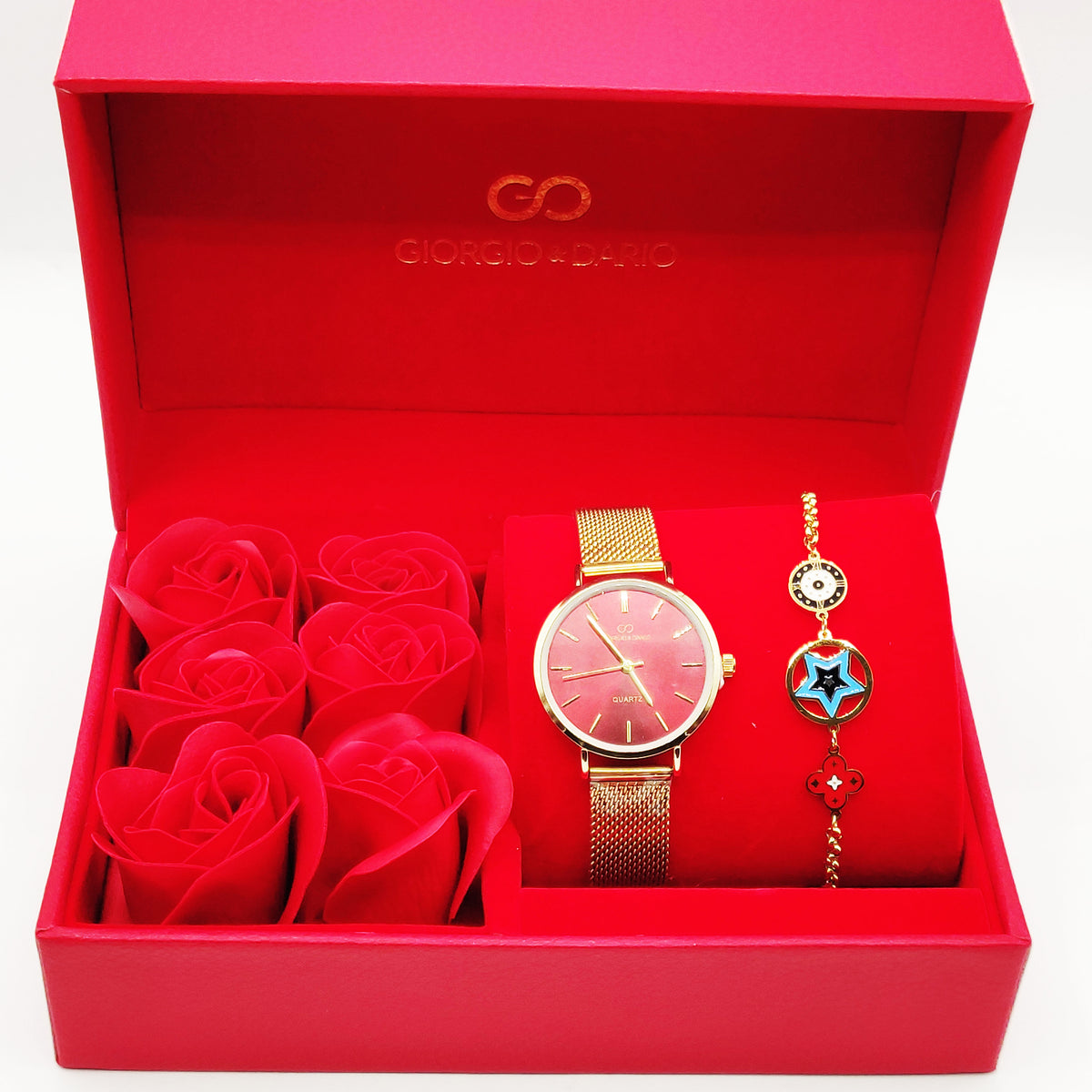 Coffret Cadeau Montre Giorgio & Dario EU5604 Fond Rouge avec Bracelet Trèfles et Étoiles Luxe