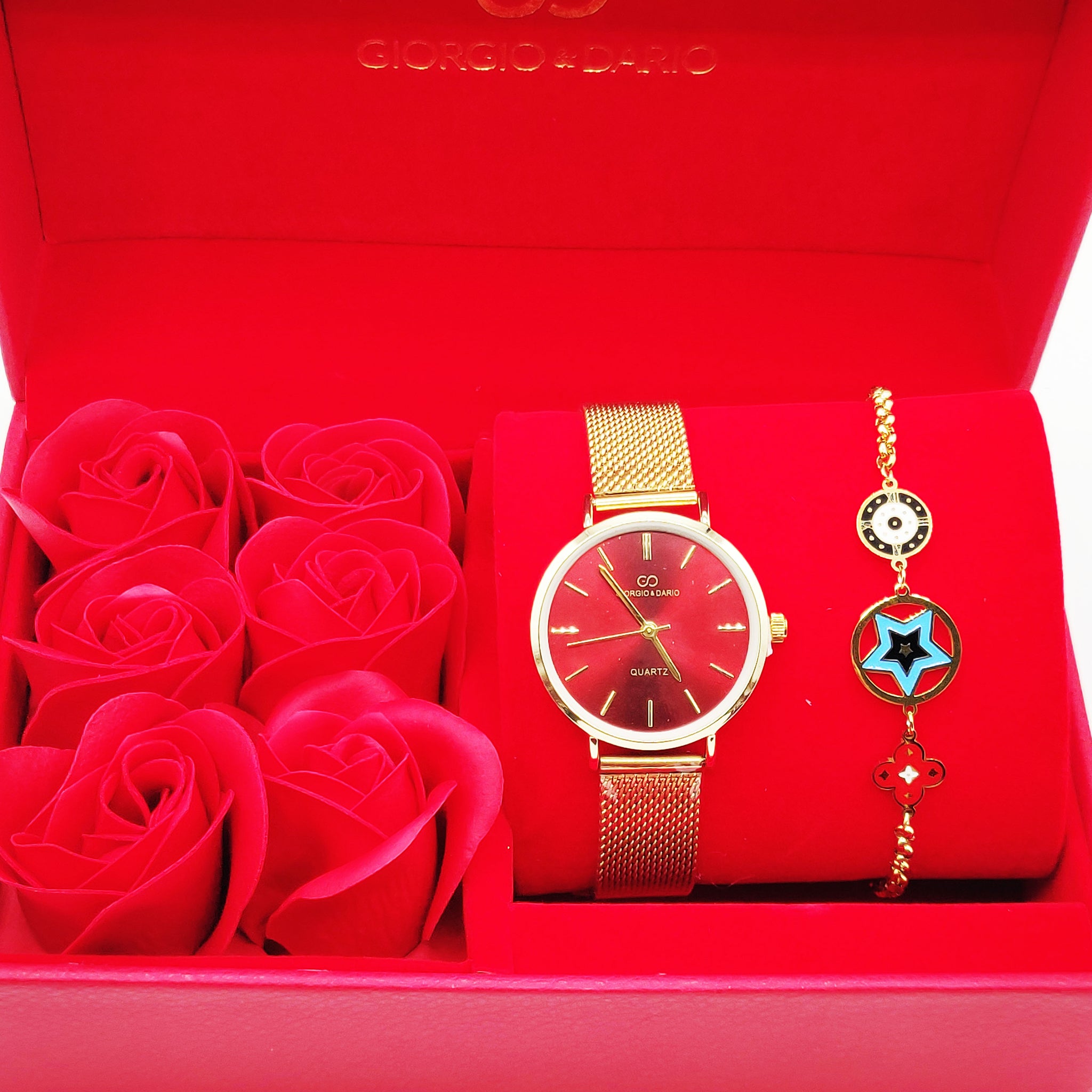 Coffret Cadeau Montre Giorgio & Dario EU5604 Fond Rouge avec Bracelet Trèfles et Étoiles Luxe