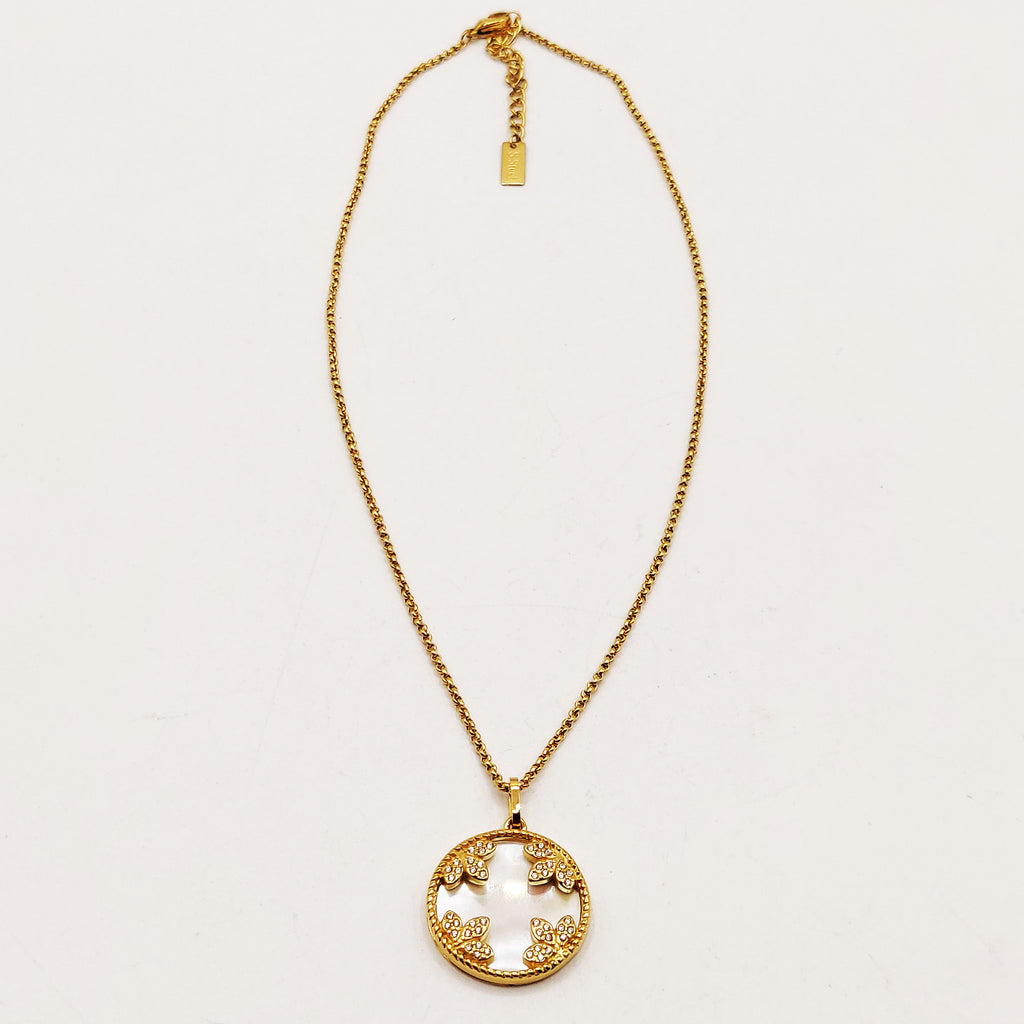 Collier Maillons Cercle Blanc Nacrés Feuilles Cristaux Luxe
