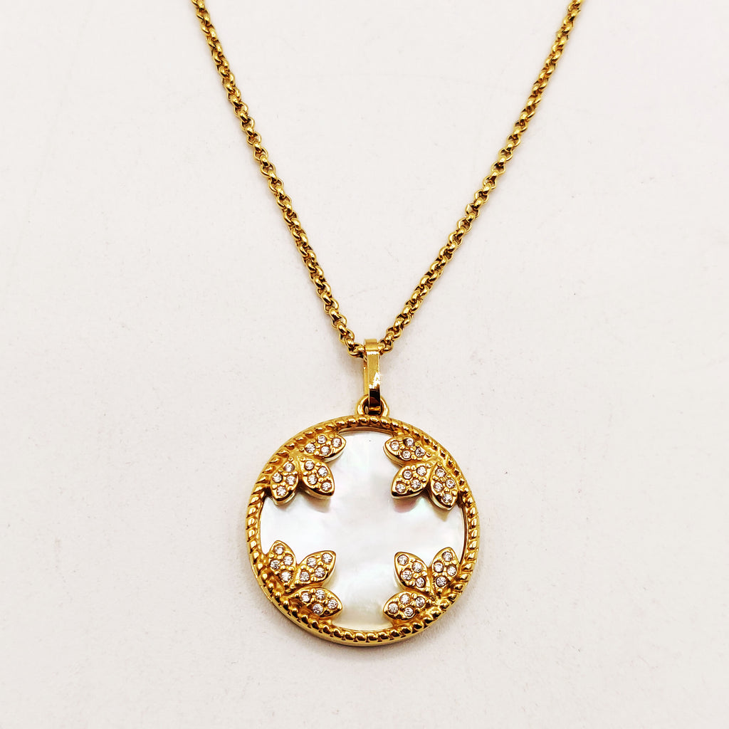 Collier Maillons Cercle Blanc Nacrés Feuilles Cristaux Luxe