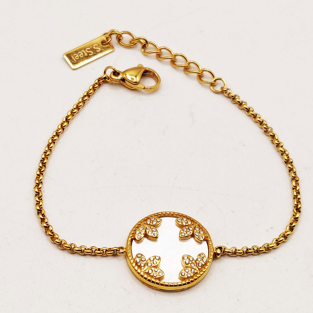 Bracelet Maillons Cercle Blanc Nacrés Feuilles Cristaux Luxe