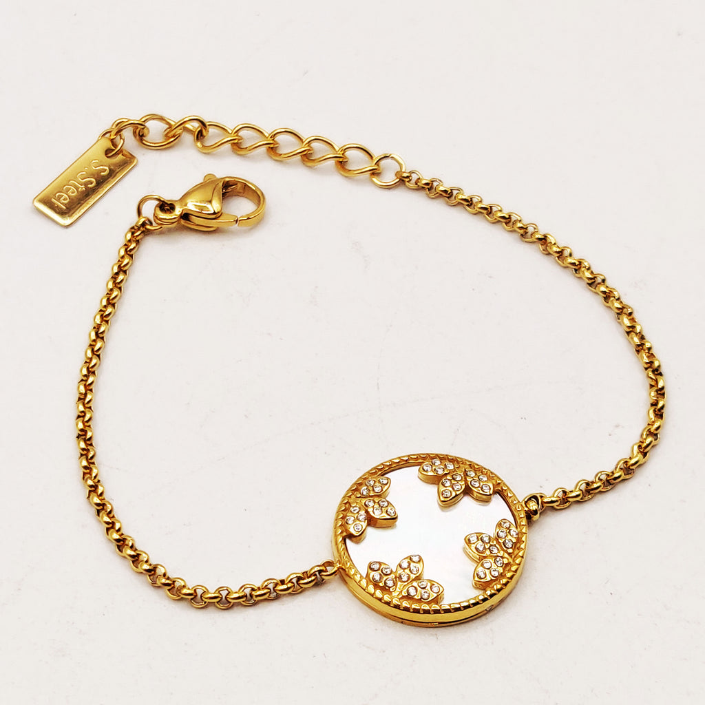 Bracelet Maillons Cercle Blanc Nacrés Feuilles Cristaux Luxe
