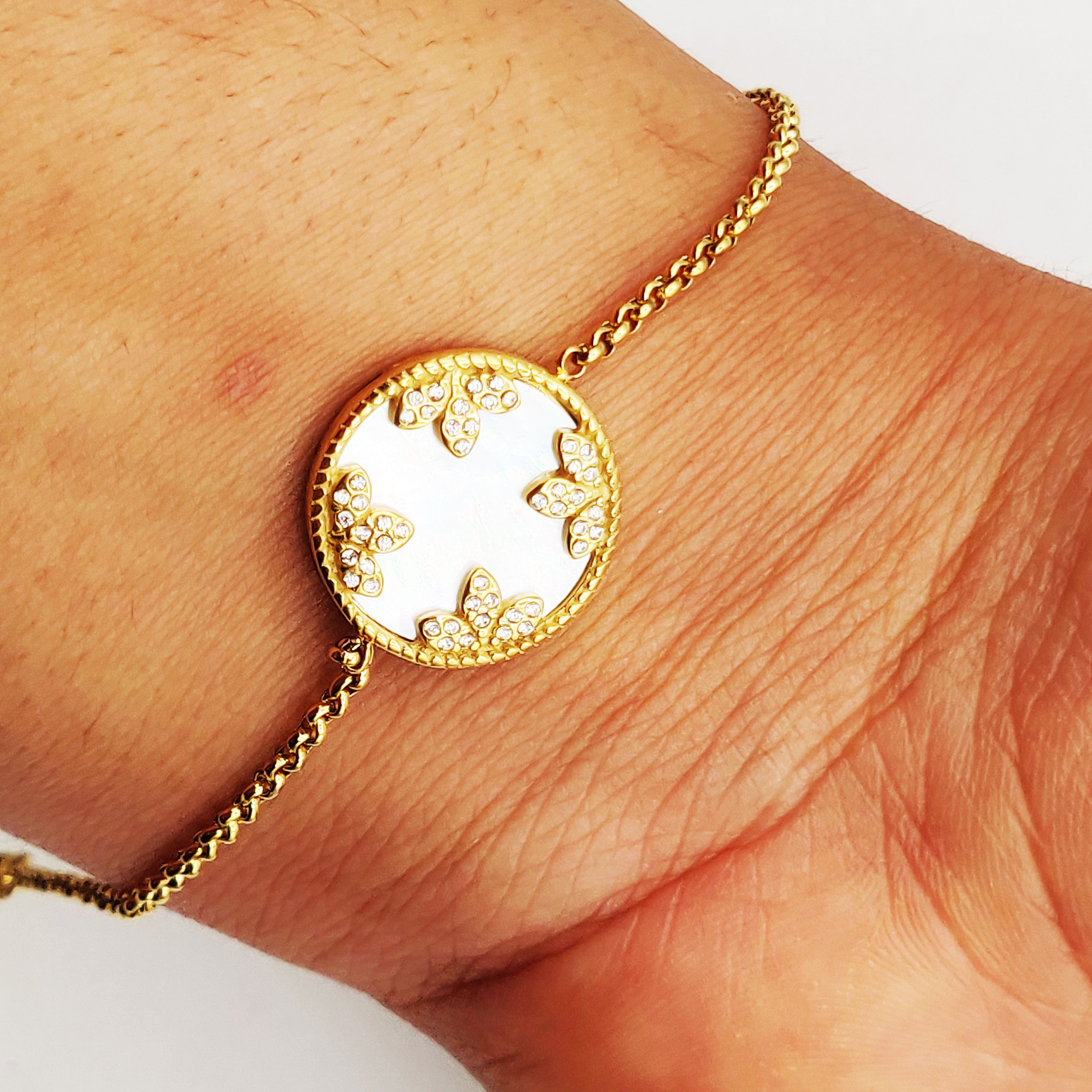 Bracelet Maillons Cercle Blanc Nacrés Feuilles Cristaux Luxe