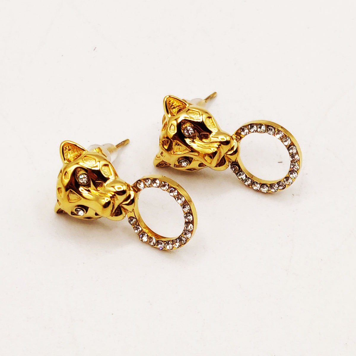 Boucles d'oreilles Petite Tête Jaguar Cercle Cristaux Luxe