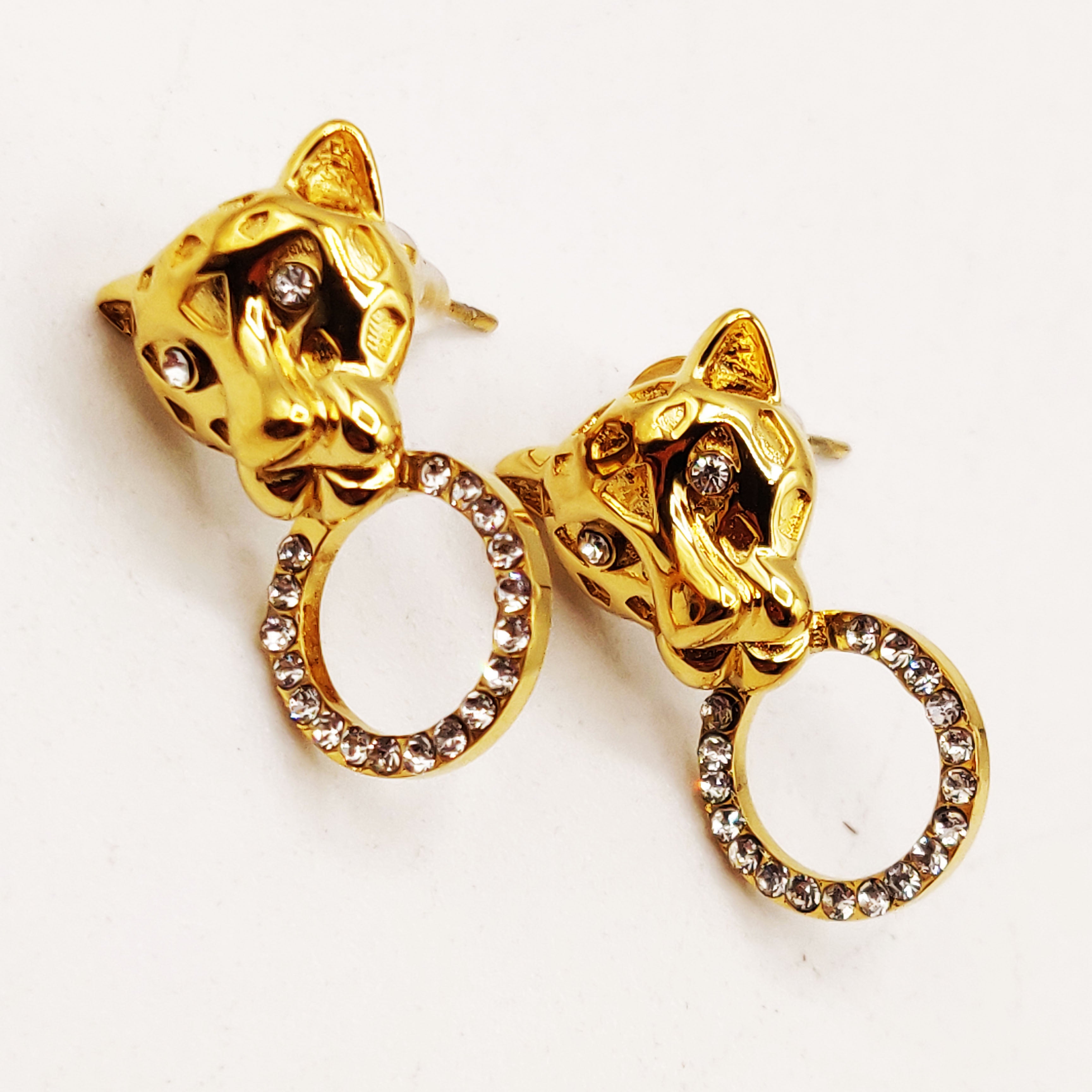 Boucles d'oreilles Petite Tête Jaguar Cercle Cristaux Luxe