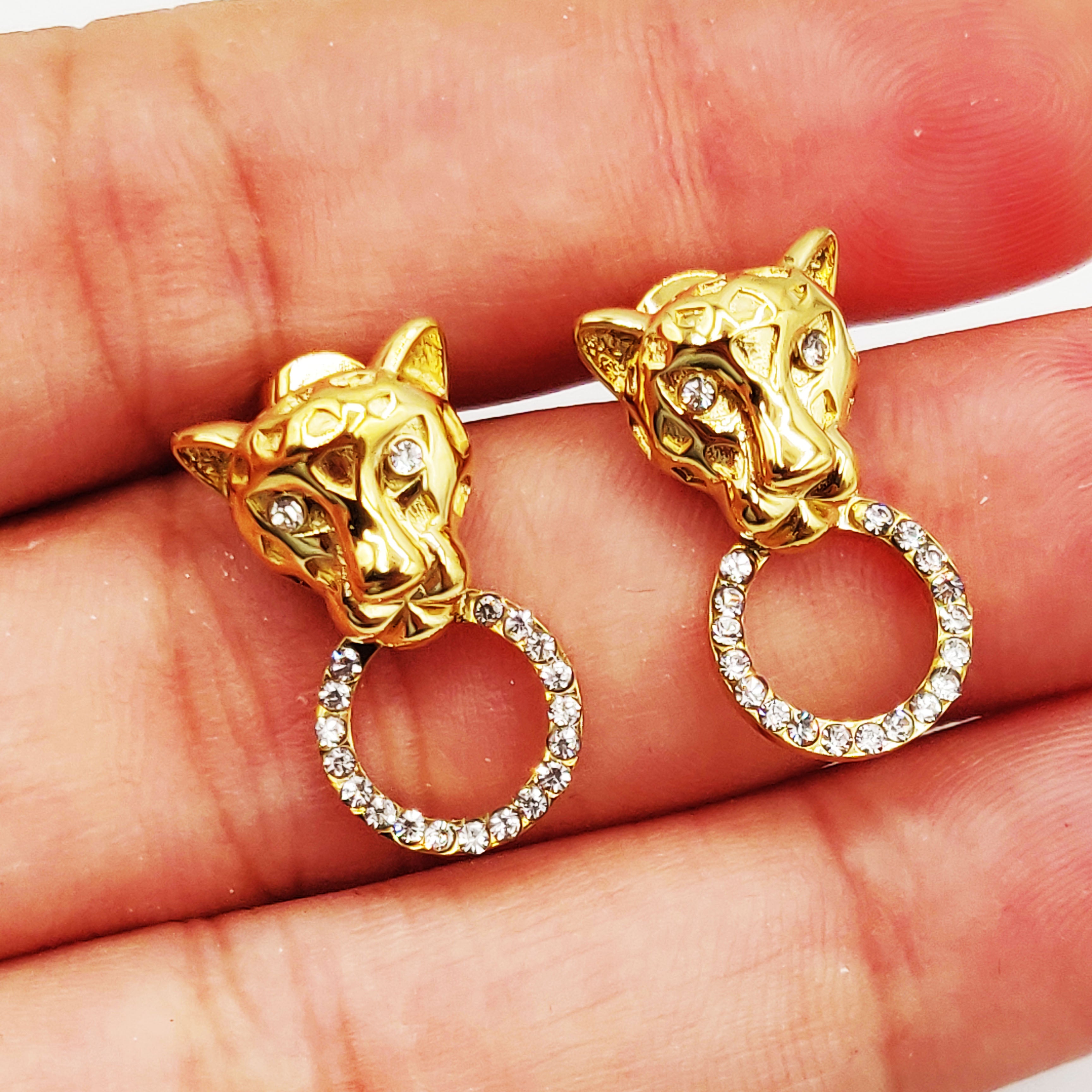 Boucles d'oreilles Petite Tête Jaguar Cercle Cristaux Luxe