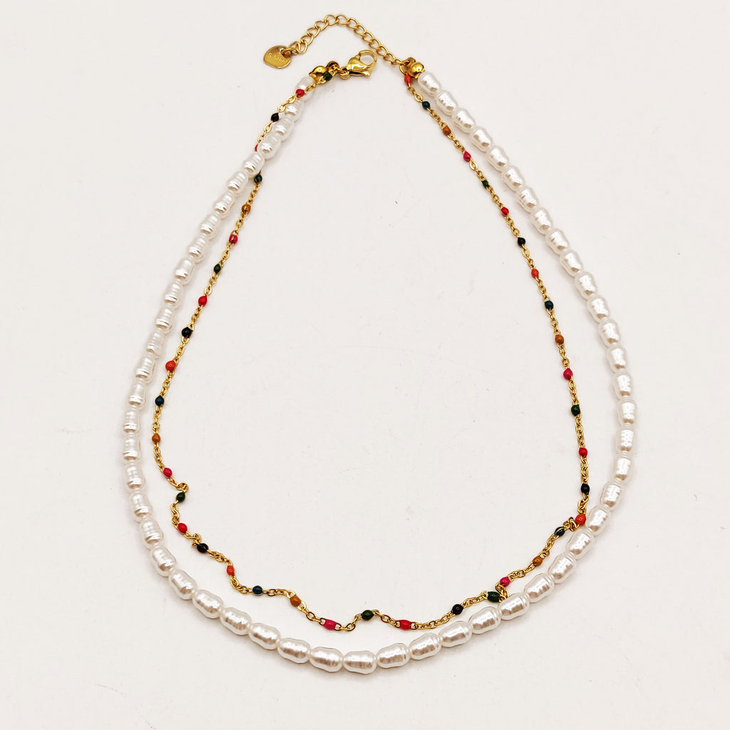 Collier Double Perles d'imitation Blanches et Multicolores