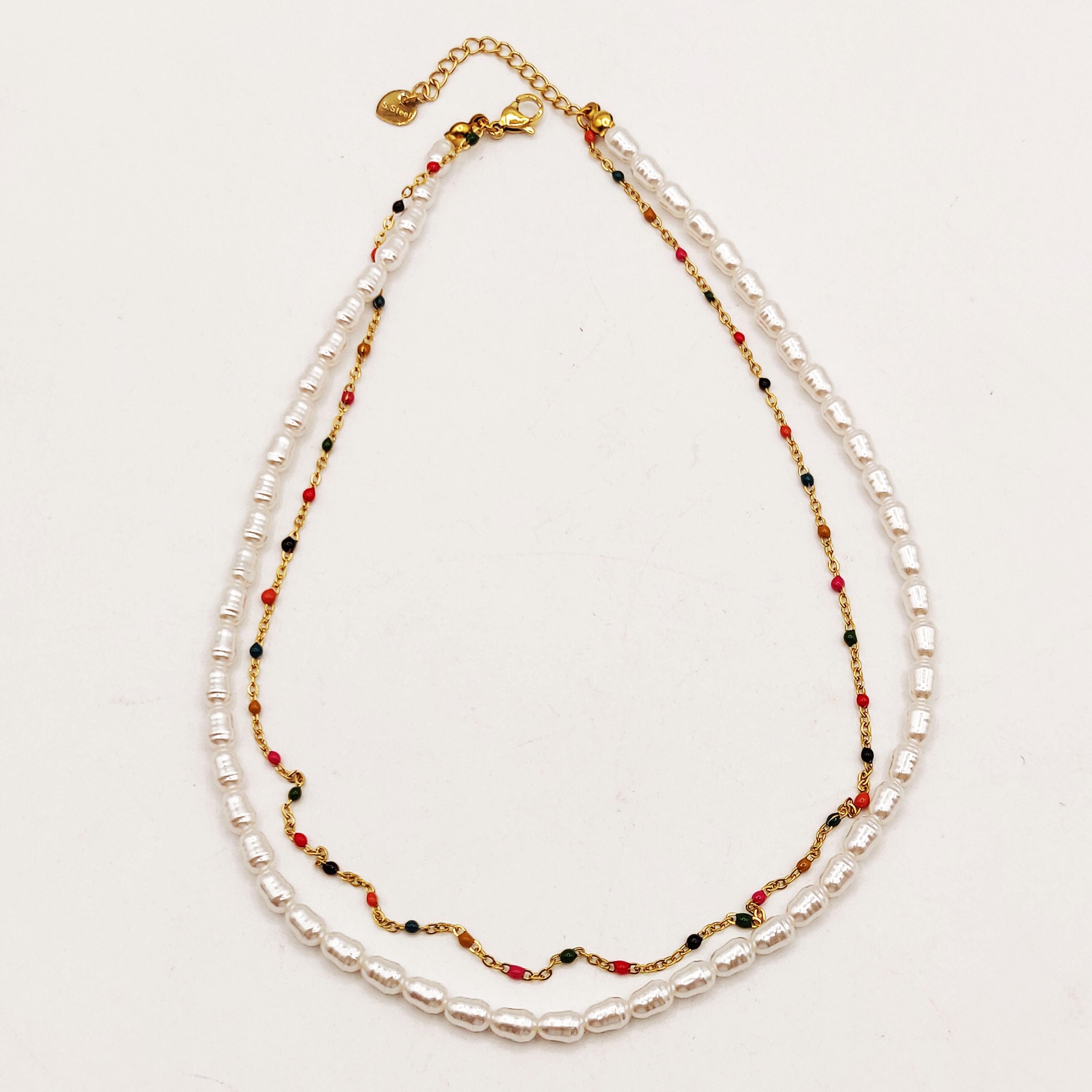 Collier Double Perles d'imitation Blanches et Multicolores