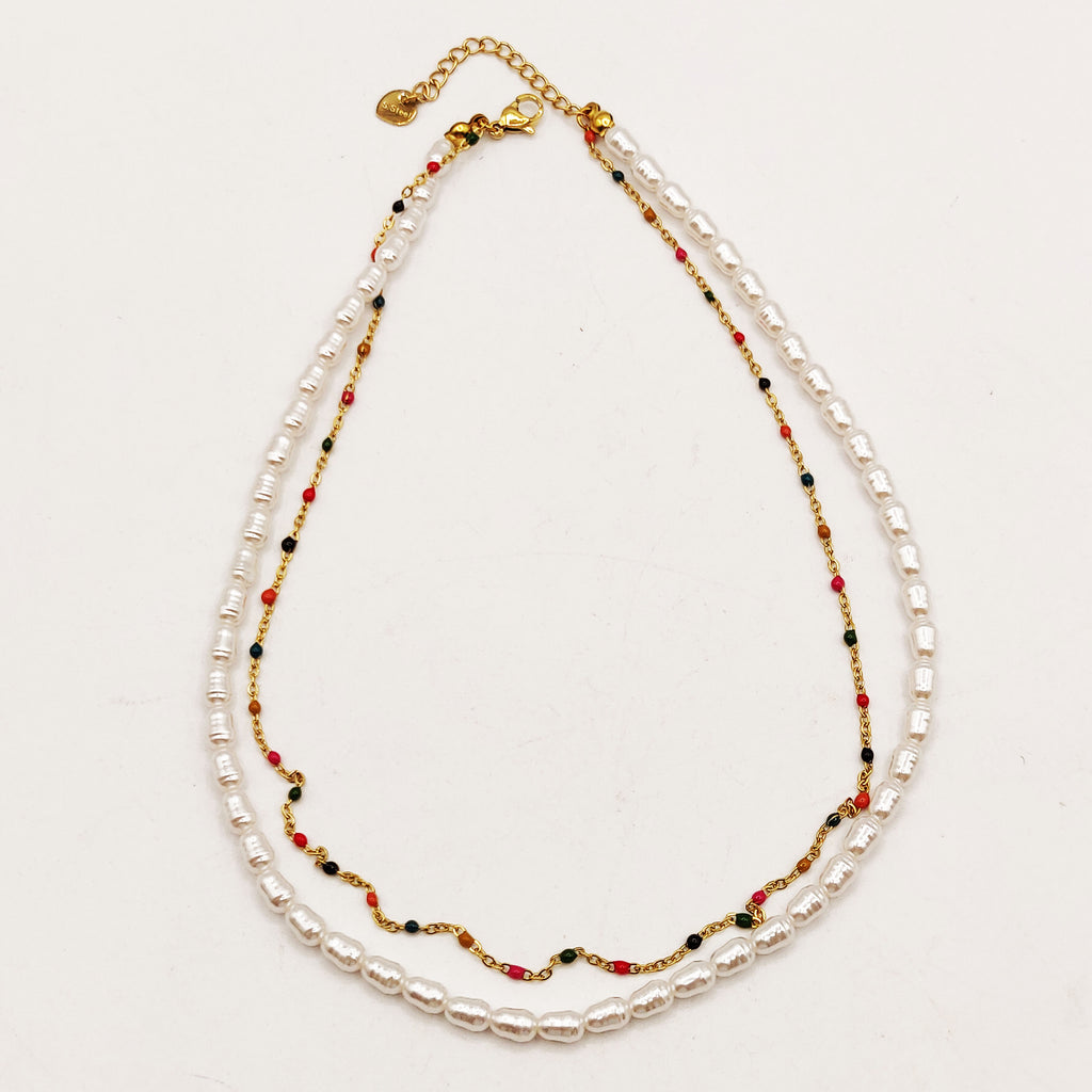 Collier Double Perles d'imitation Blanches et Multicolores