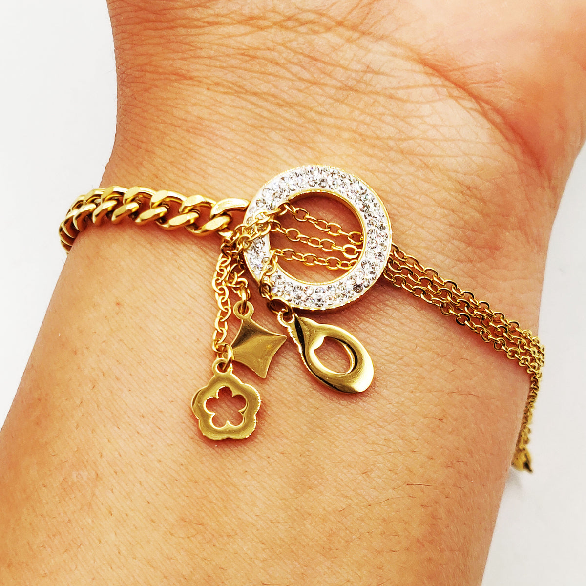 Bracelet Tresse Cercle Cristaux Pendentifs Luxe