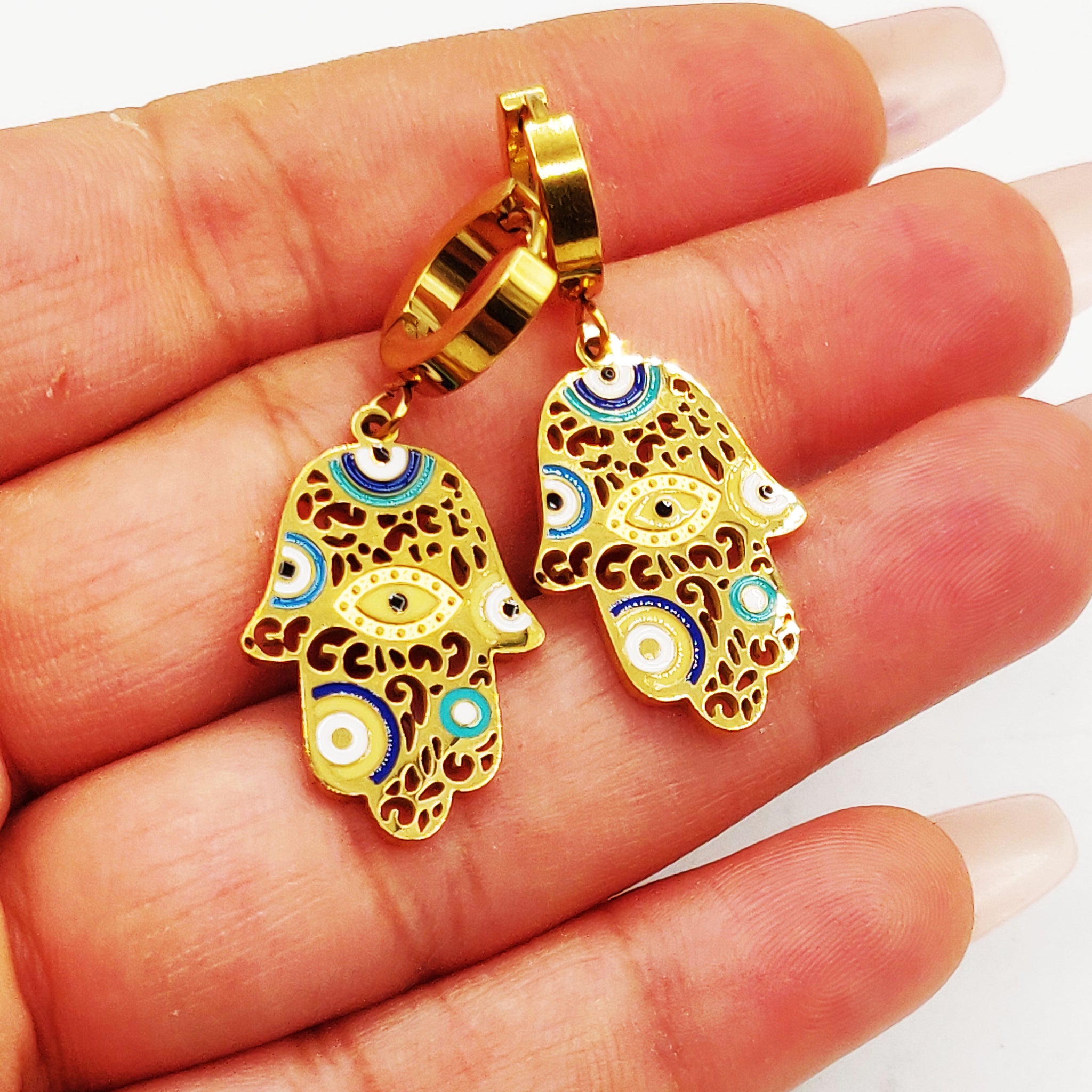 Boucles d'oreilles Main de Fatma et Yeux Multicolores Luxe