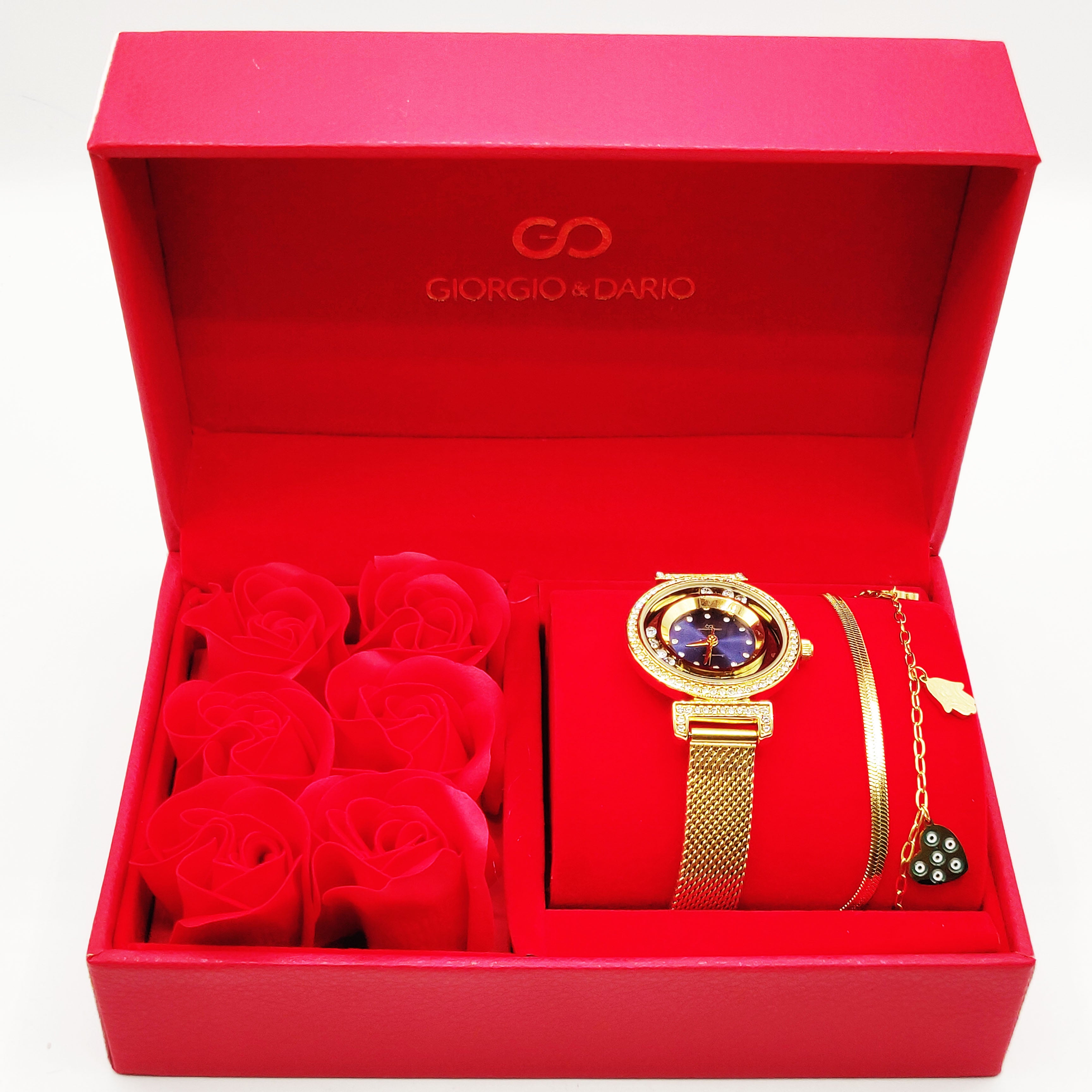 Coffret Cadeau Montre Giorgio & Dario EU6509 Fond Bleu avec Bracelet Double Fatma et Coeurs et Roses Rouges