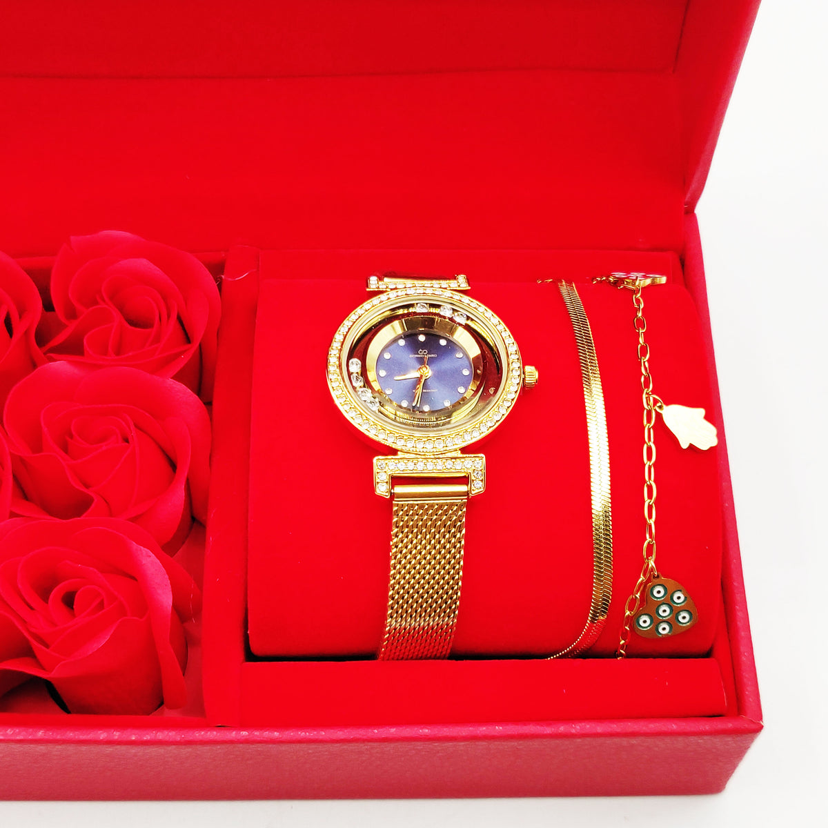 Coffret Cadeau Montre Giorgio & Dario EU6509 Fond Bleu avec Bracelet Double Fatma et Coeurs et Roses Rouges