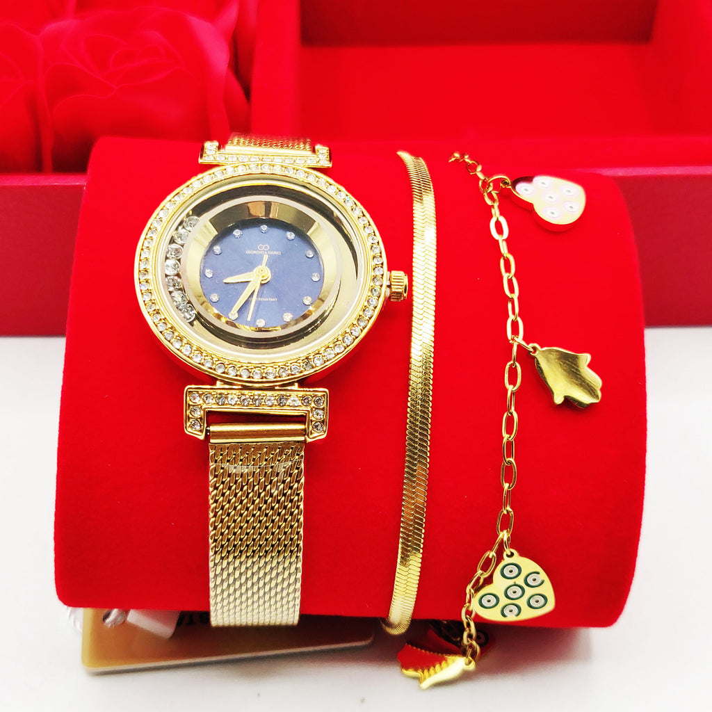 Coffret Cadeau Montre Giorgio & Dario EU6509 Fond Bleu avec Bracelet Double Fatma et Coeurs et Roses Rouges