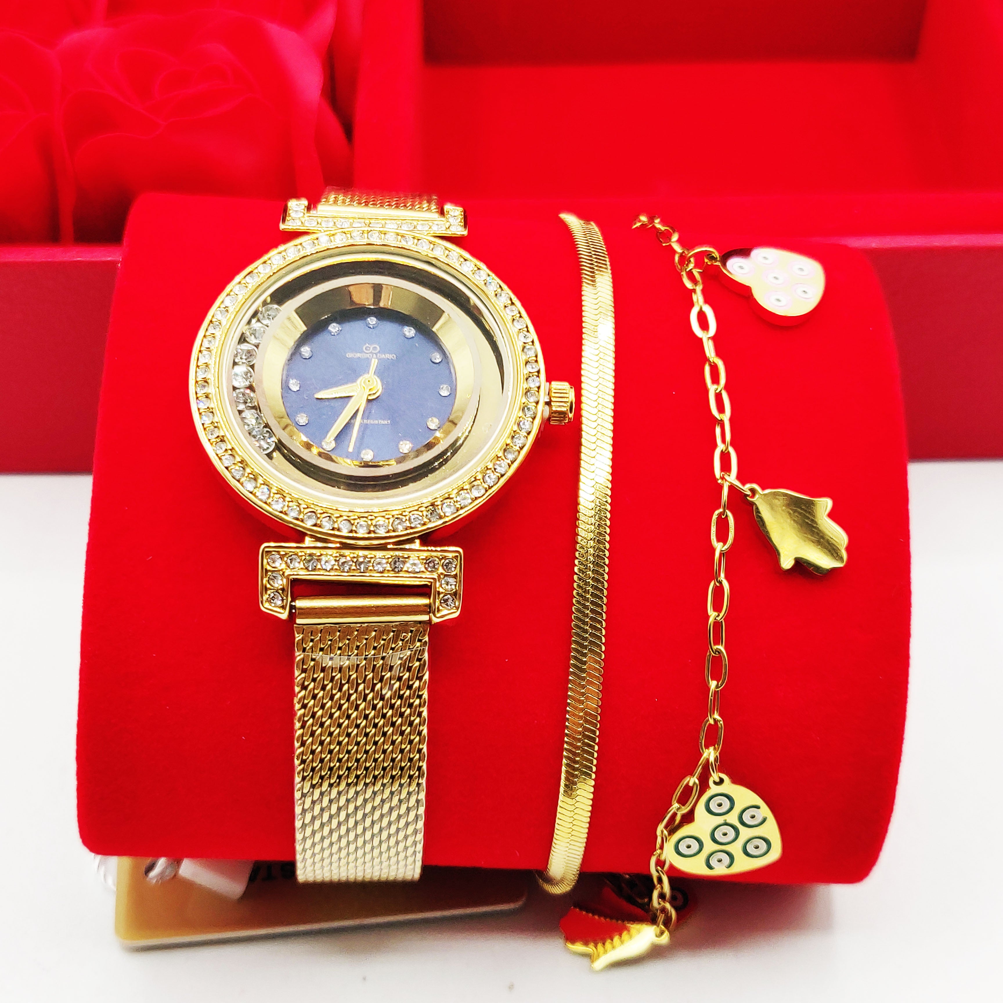 Coffret Cadeau Montre Giorgio & Dario EU6509 Fond Bleu avec Bracelet Double Fatma et Coeurs et Roses Rouges