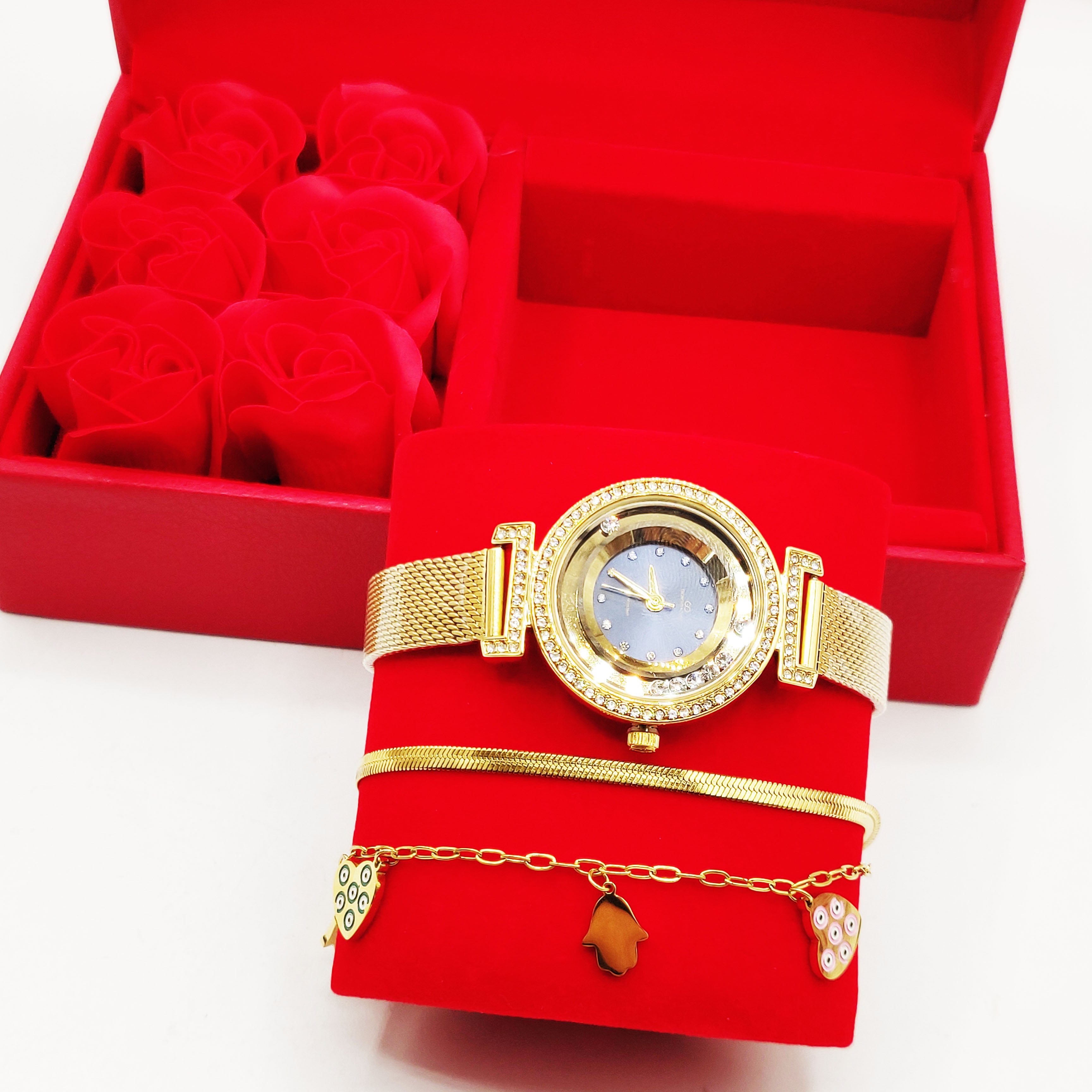 Coffret Cadeau Montre Giorgio & Dario EU6509 Fond Bleu avec Bracelet Double Fatma et Coeurs et Roses Rouges
