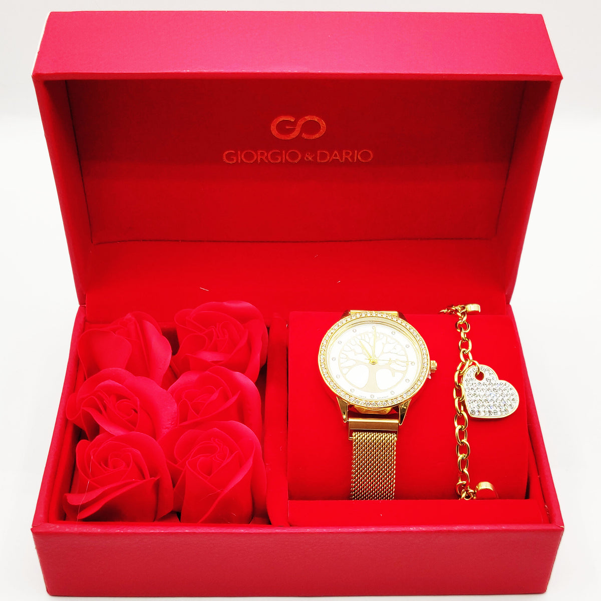 Coffret Cadeau Montre Giorgio & Dario EU5147 Fond Blanc Eden avec Bracelet Chaîne Coeurs et Roses Rouges