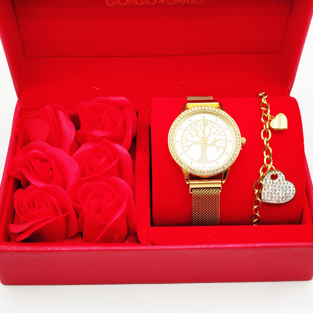 Coffret Cadeau Montre Giorgio & Dario EU5147 Fond Blanc Eden avec Bracelet Chaîne Coeurs et Roses Rouges