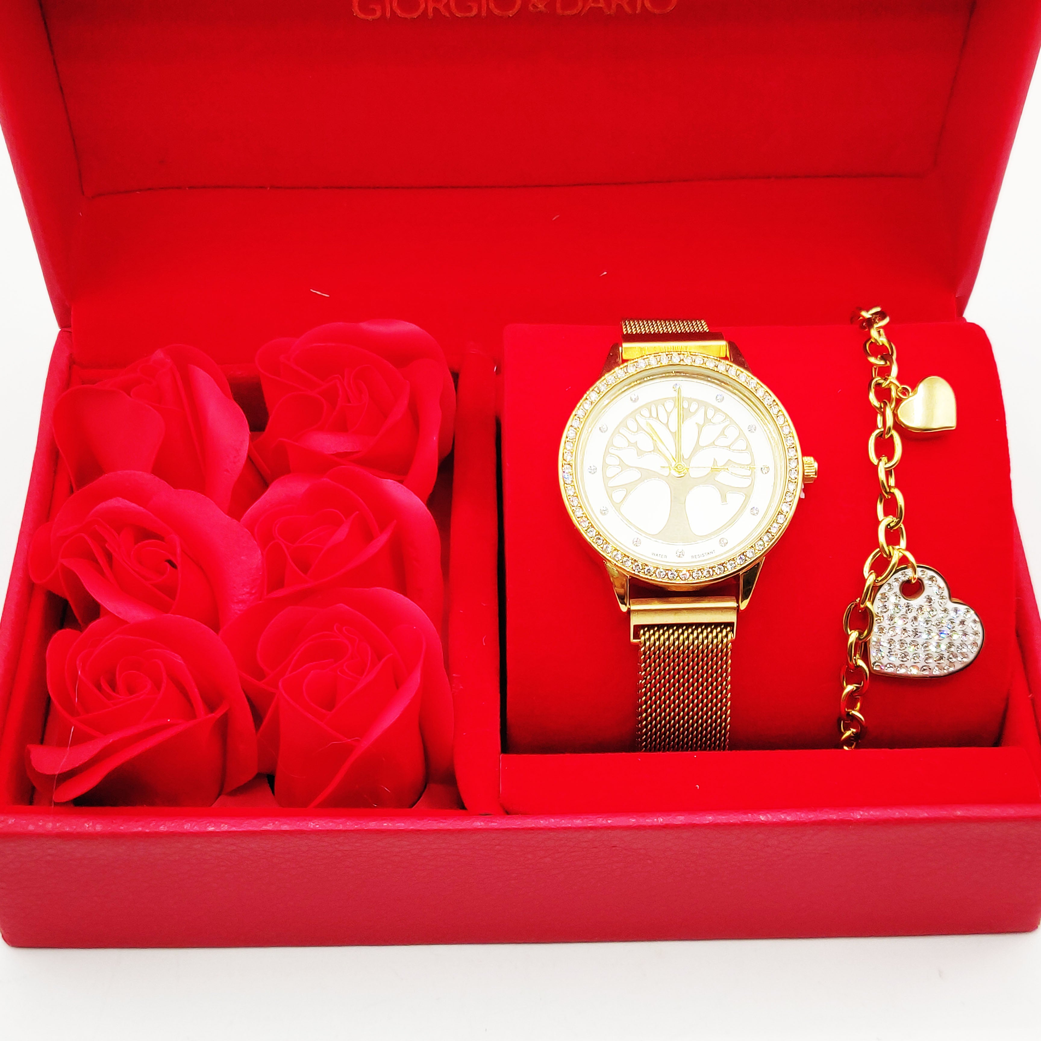Coffret Cadeau Montre Giorgio & Dario EU5147 Fond Blanc Eden avec Bracelet Chaîne Coeurs et Roses Rouges