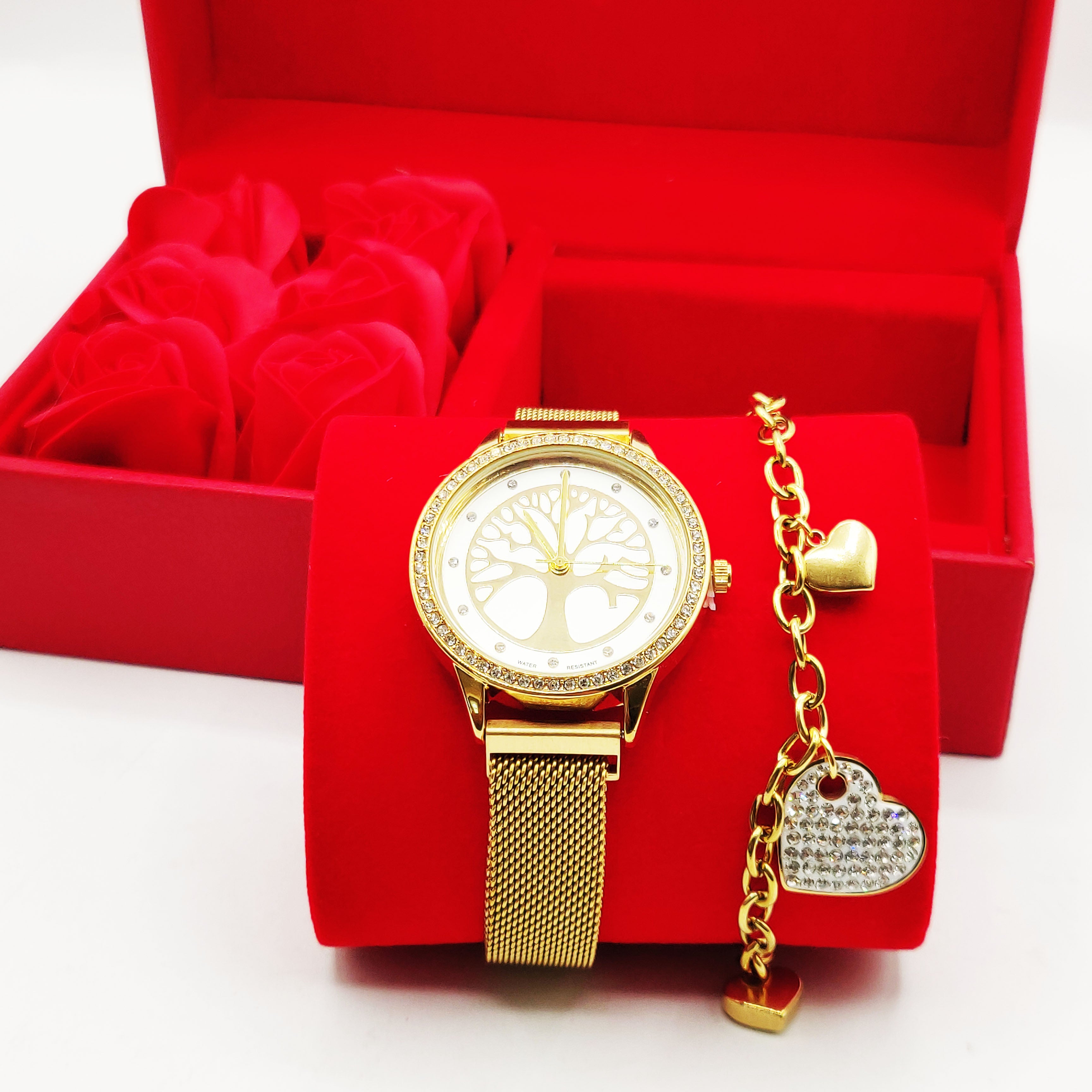 Coffret Cadeau Montre Giorgio & Dario EU5147 Fond Blanc Eden avec Bracelet Chaîne Coeurs et Roses Rouges