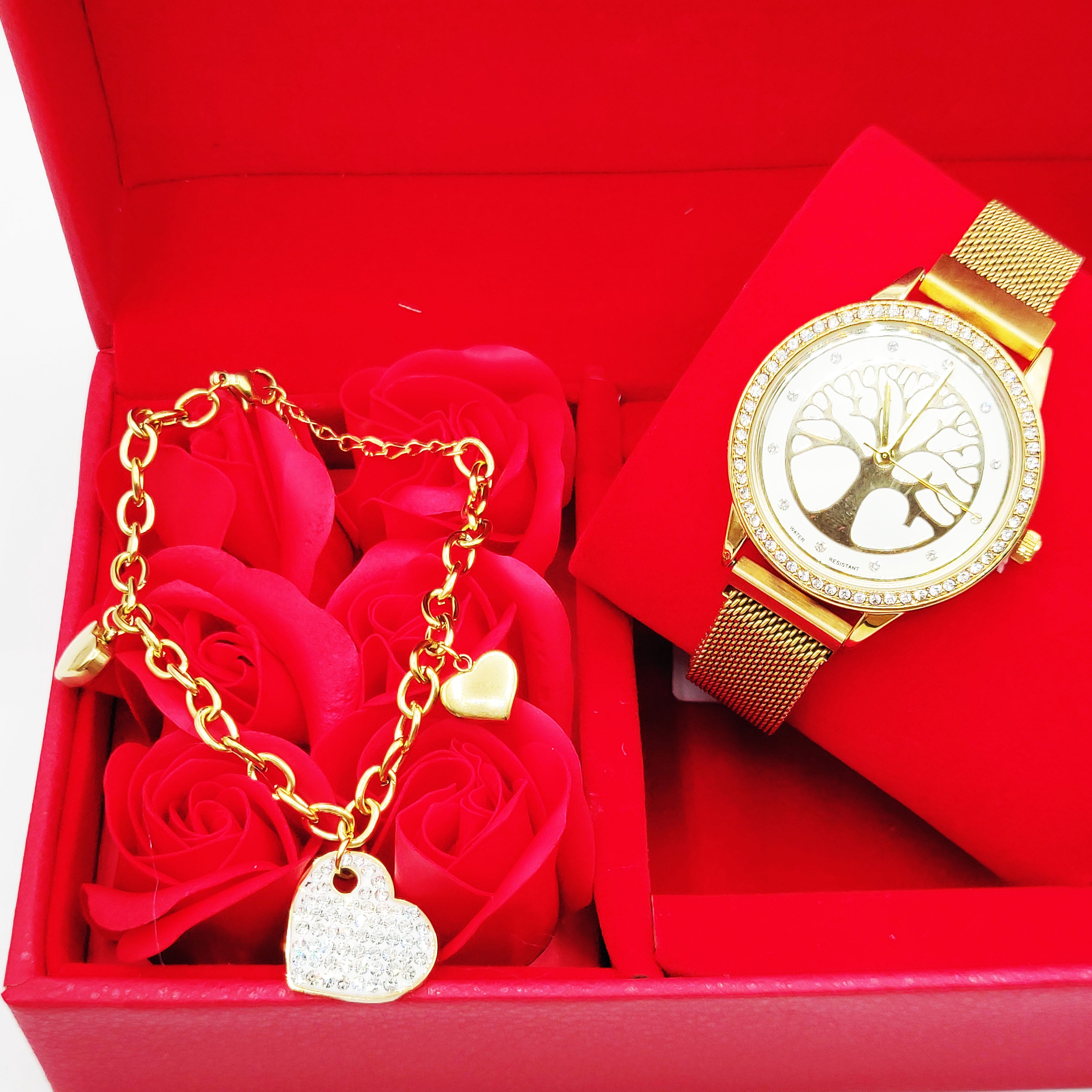 Coffret Cadeau Montre Giorgio & Dario EU5147 Fond Blanc Eden avec Bracelet Chaîne Coeurs et Roses Rouges
