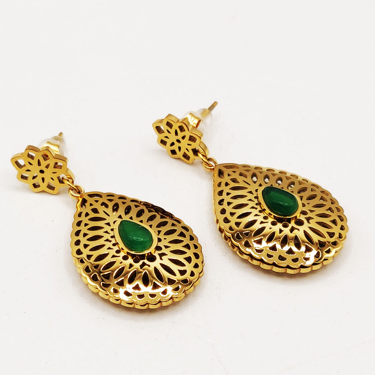 Boucles d'oreilles Torsade Goutte Orientale Pierre Verte