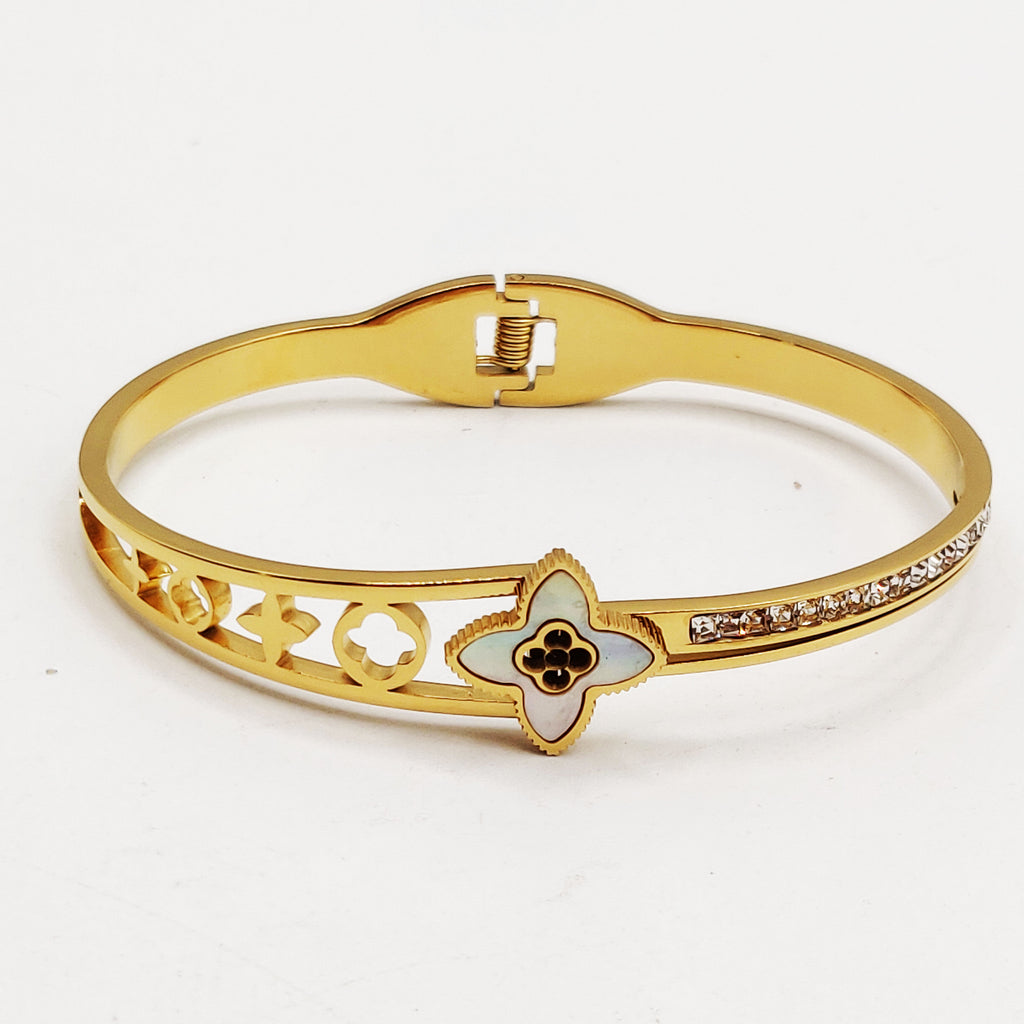 Bracelet Rigide Trèfles et Étoiles Blanc Luxe et Cristaux