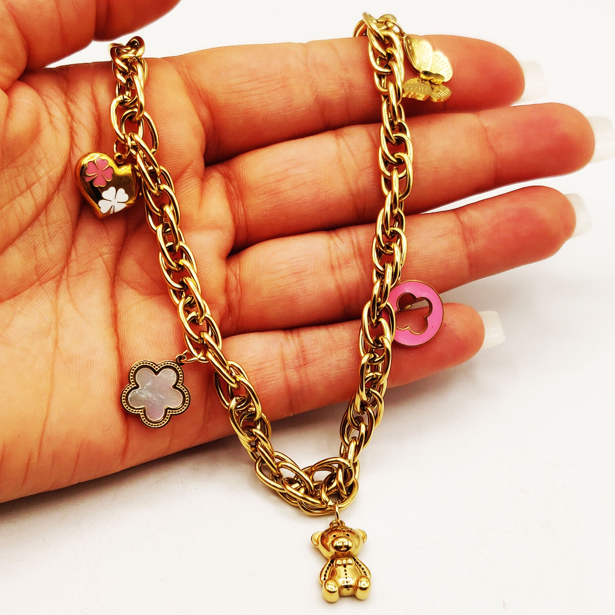 Collier Chaîne Bibelots Trèfles Roses Luxe