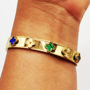 Bracelet Rigide Trèfles Dorés et Multicolores Luxe