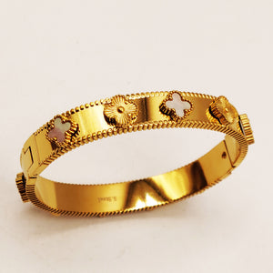 Bracelet Rigide Trèfles Dorés et Blancs Luxe