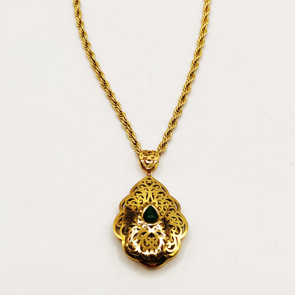 Collier Torsade Rosace Orientale Pierre Verte