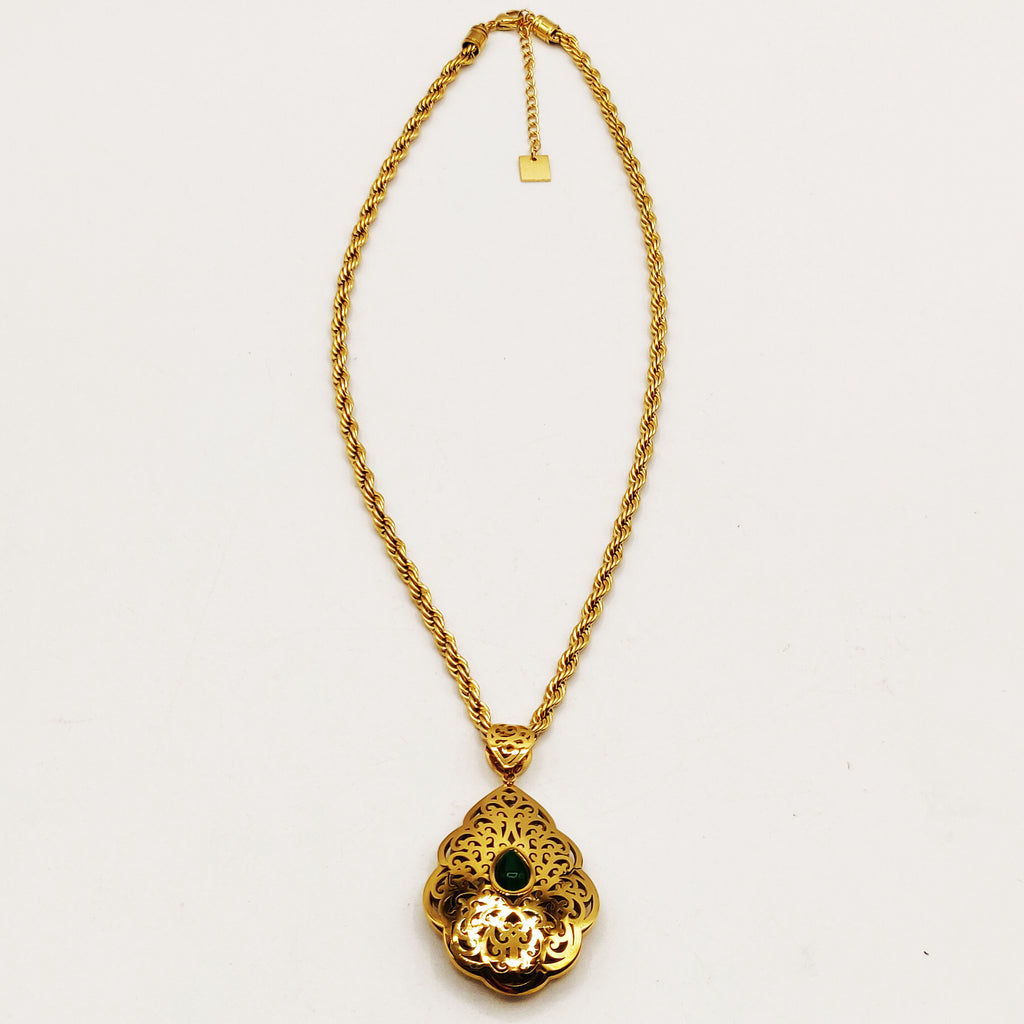 Collier Torsade Rosace Orientale Pierre Verte