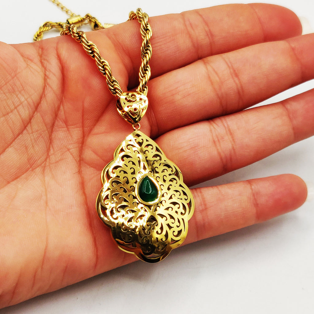 Collier Torsade Rosace Orientale Pierre Verte