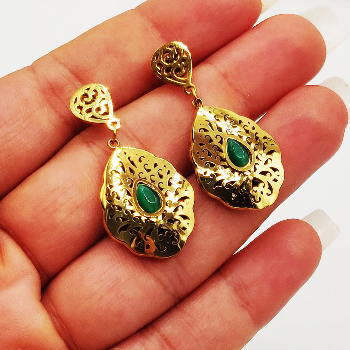 Boucles d'oreilles Torsade Rosace Orientale Pierre Verte