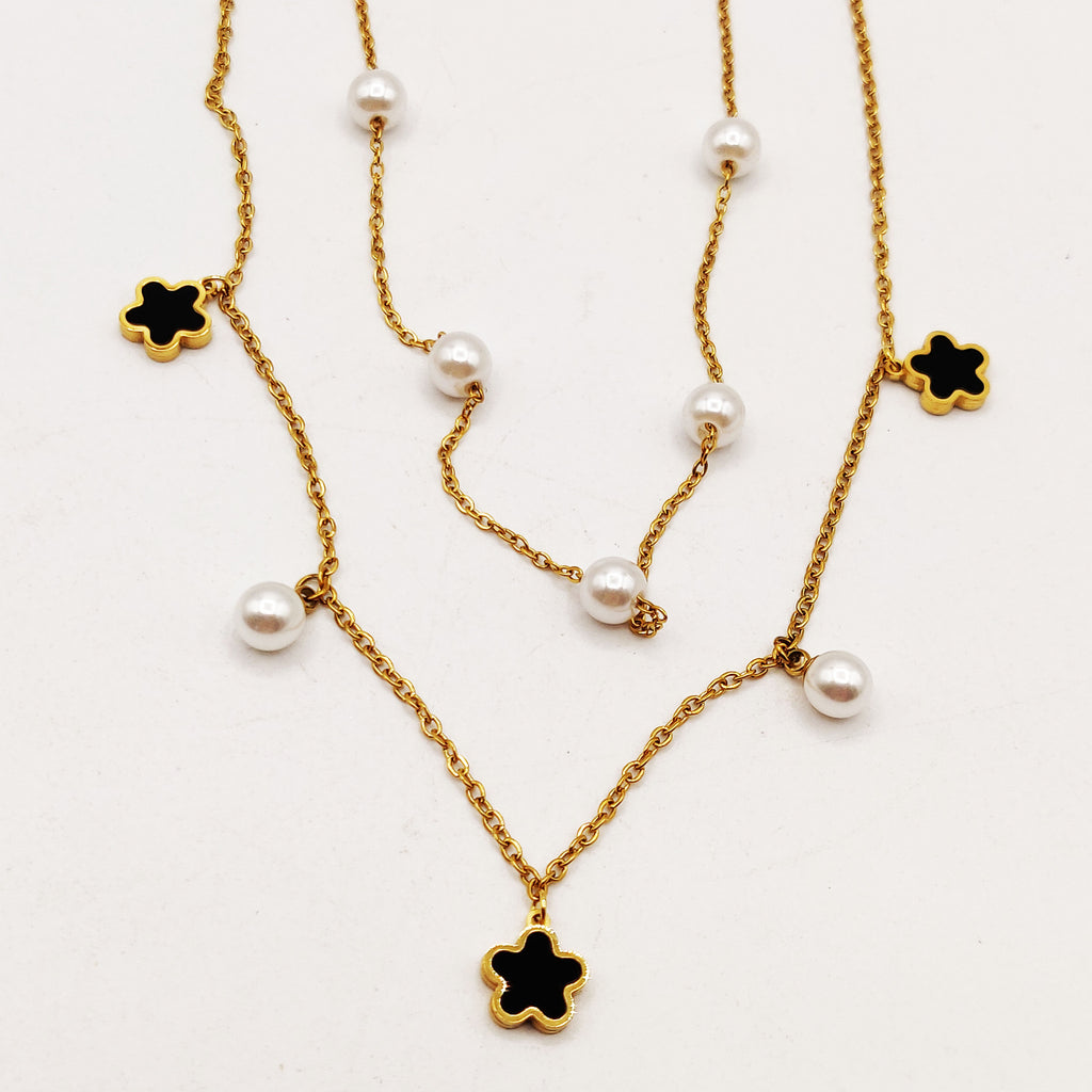 Collier Double Marguerites Noires et Perles d'imitation Blanches