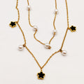 Collier Double Marguerites Noires et Perles d'imitation Blanches