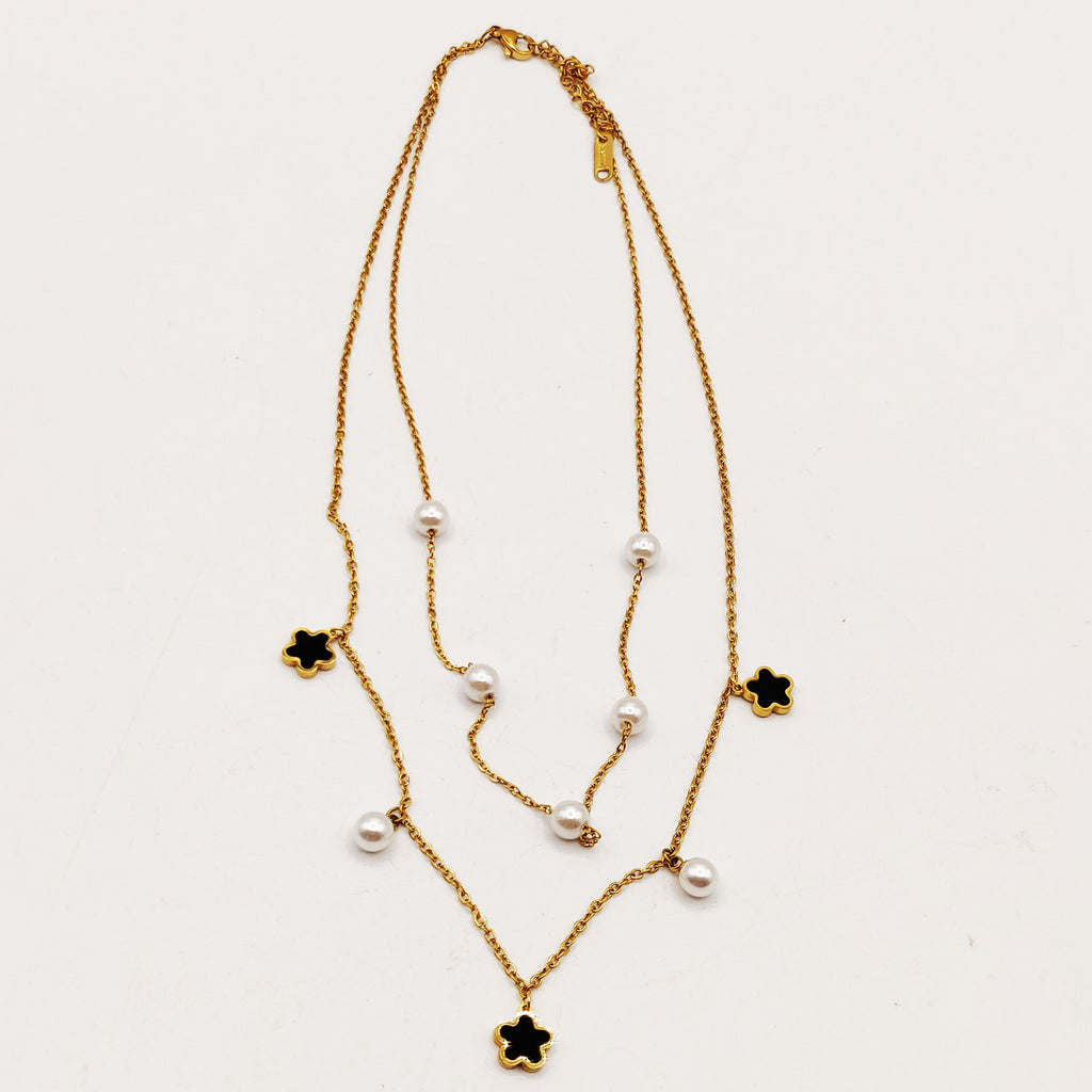 Collier Double Marguerites Noires et Perles d'imitation Blanches