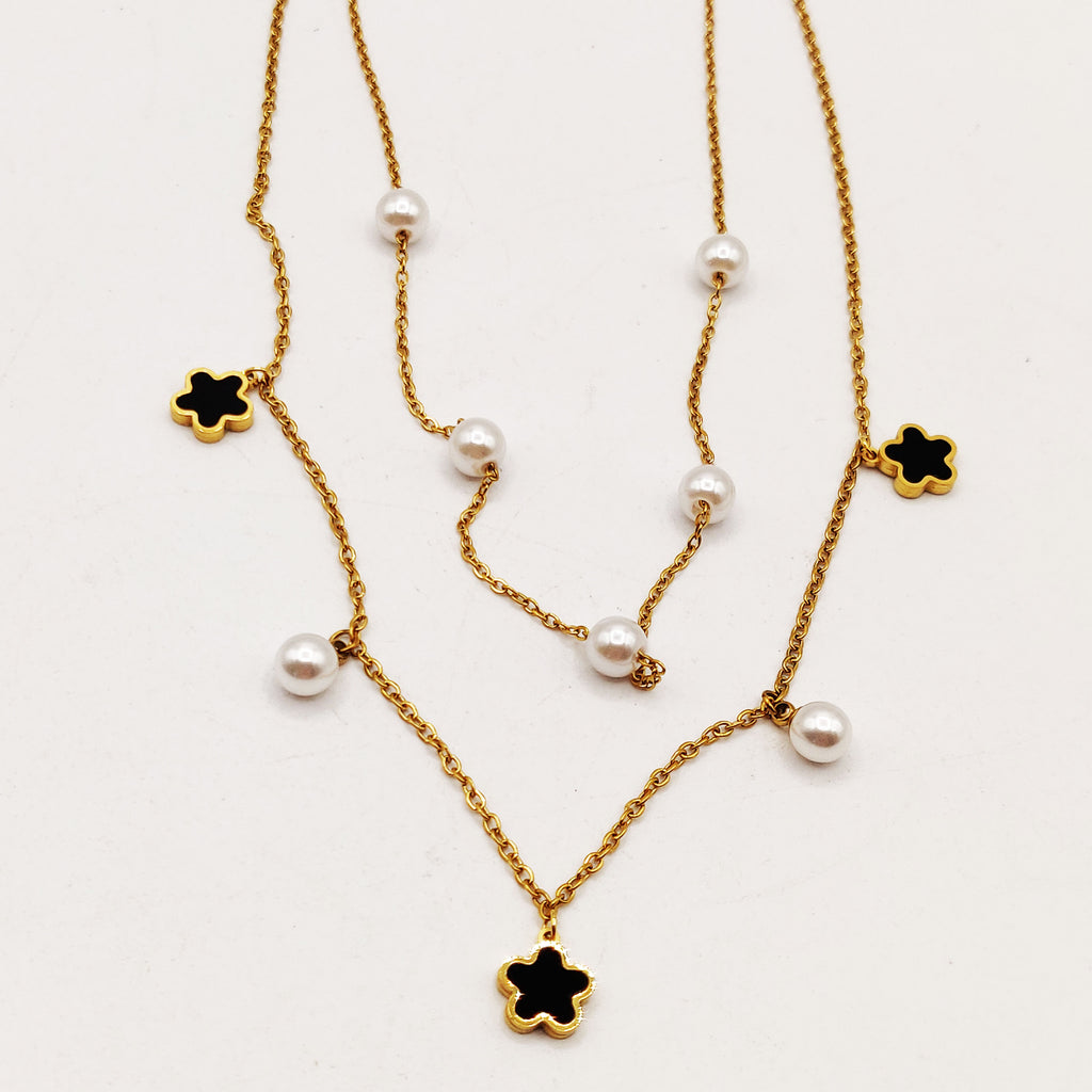 Collier Double Marguerites Noires et Perles d'imitation Blanches
