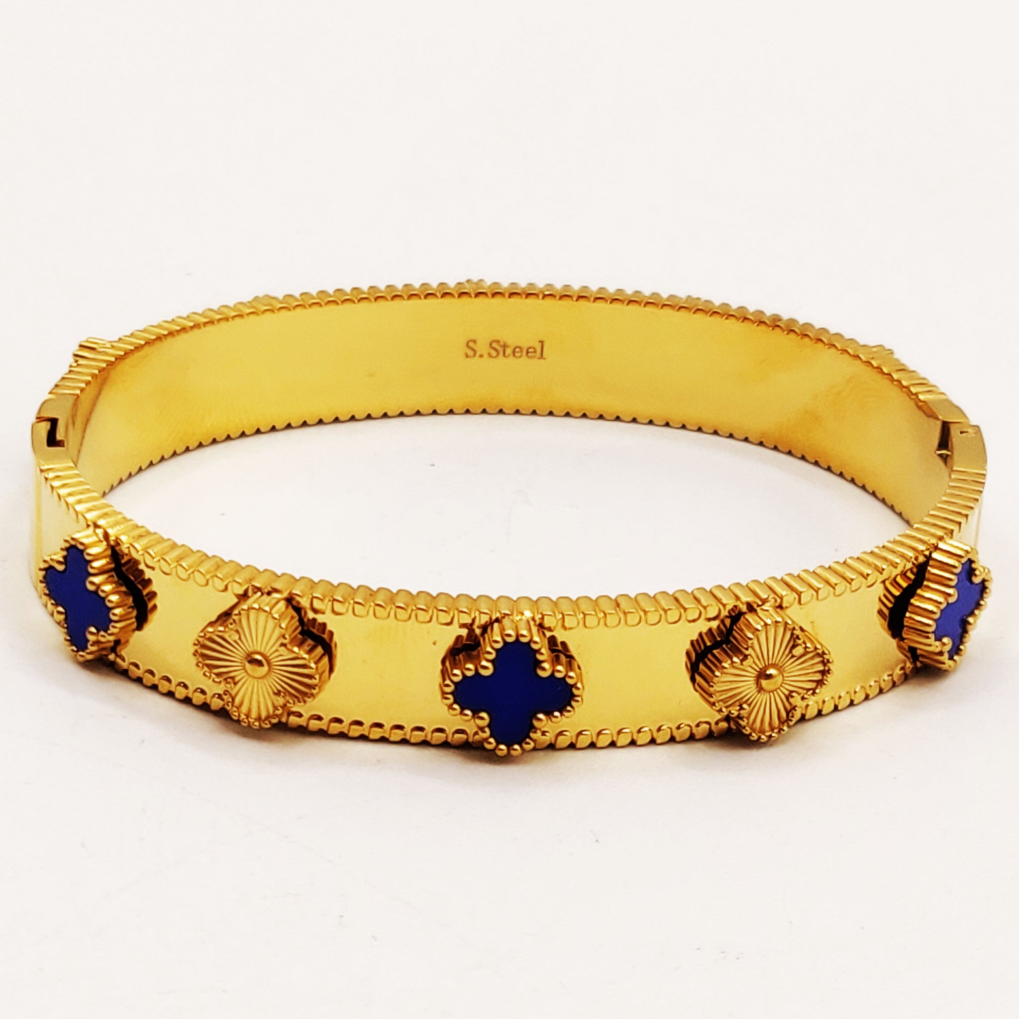 Bracelet Rigide Trèfles Dorés et Bleus Luxe