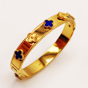 Bracelet Rigide Trèfles Dorés et Bleus Luxe