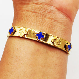 Bracelet Rigide Trèfles Dorés et Bleus Luxe