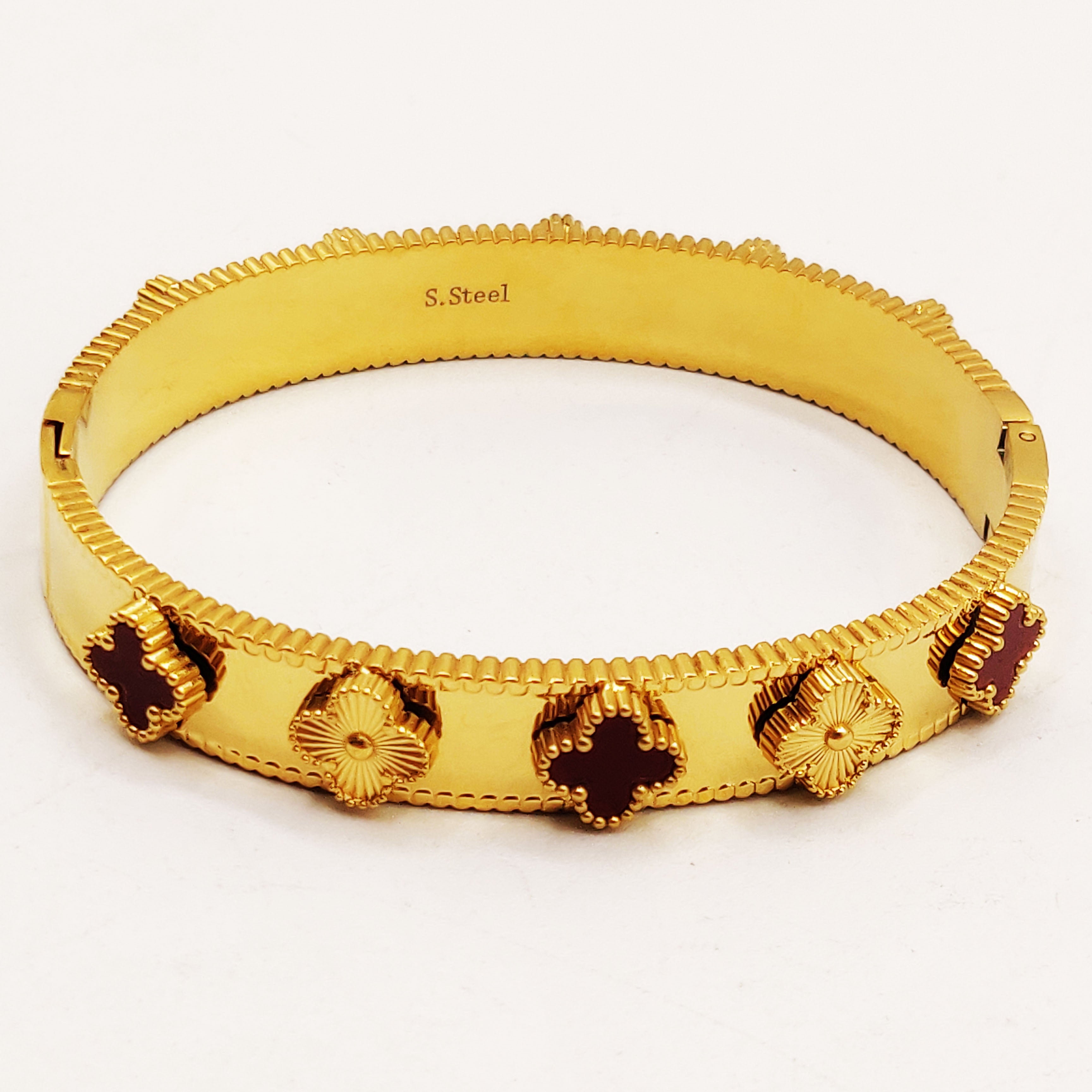 Bracelet Rigide Trèfles Dorés et Bordeaux Luxe